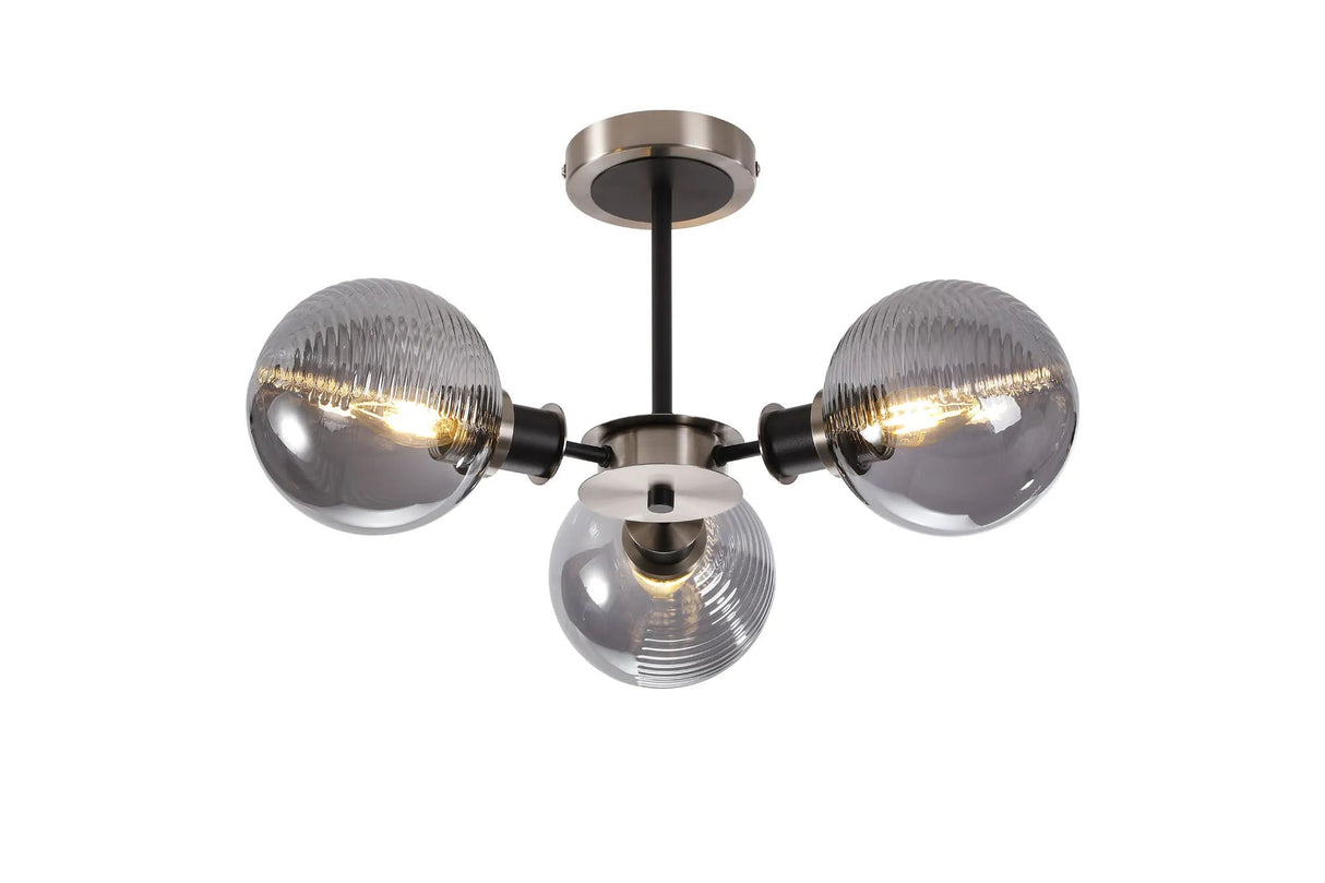Woods Semi Ceiling, 3 x E14 With 15cm Round Double Textured Smooth/Ribbed Glass Shade, Satin Nickel, Smoke Plated & Satin Black