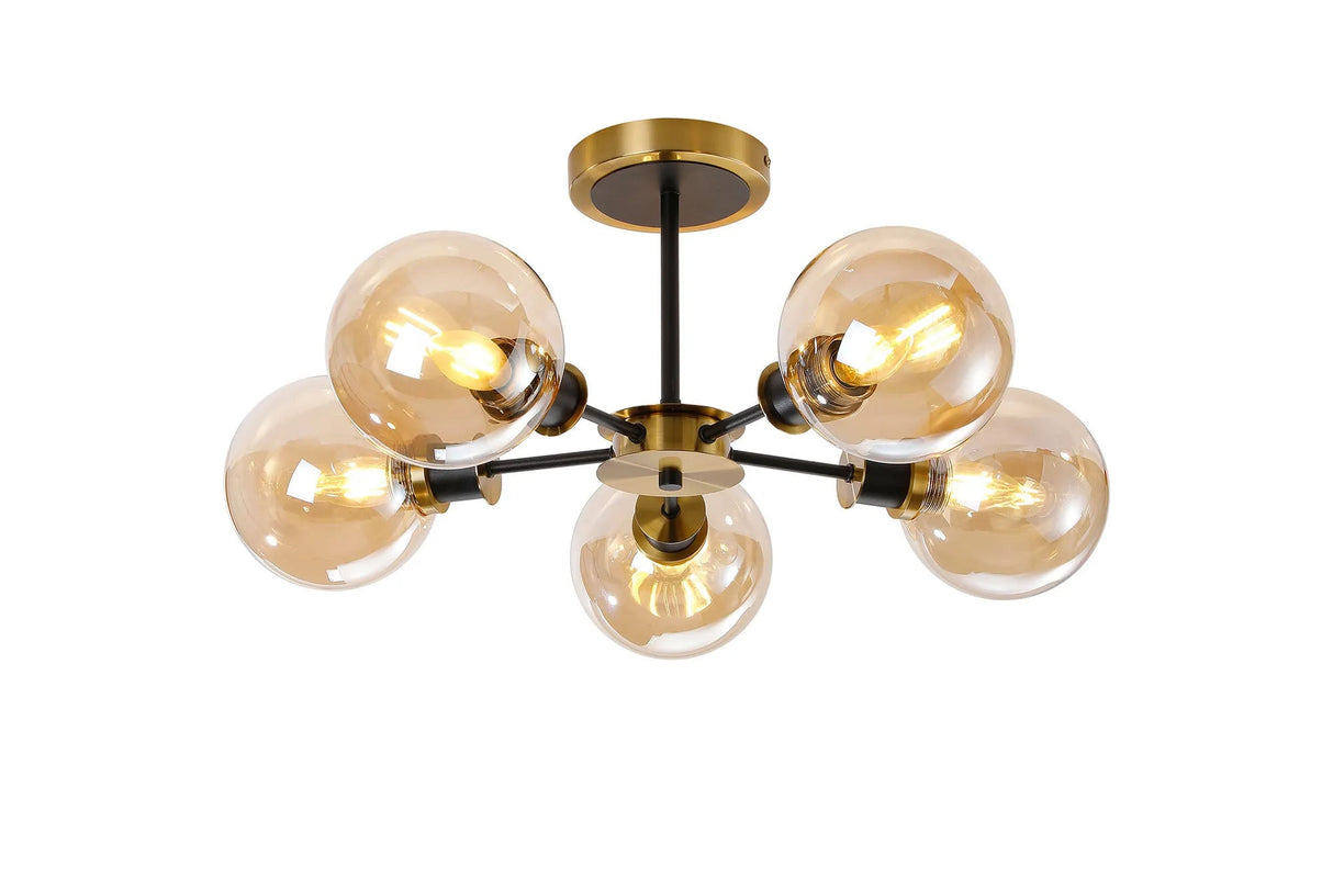 Woods Semi Ceiling, 5 x E14 With 15cm Round Glass Shade, Brass, Amber Plated & Satin Black