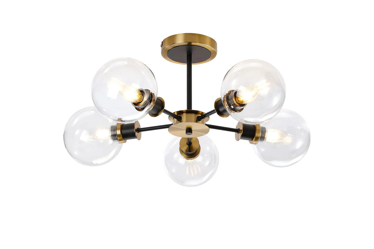 Woods Semi Ceiling, 5 x E14 With 15cm Round Glass Shade, Brass, Clear & Satin Black