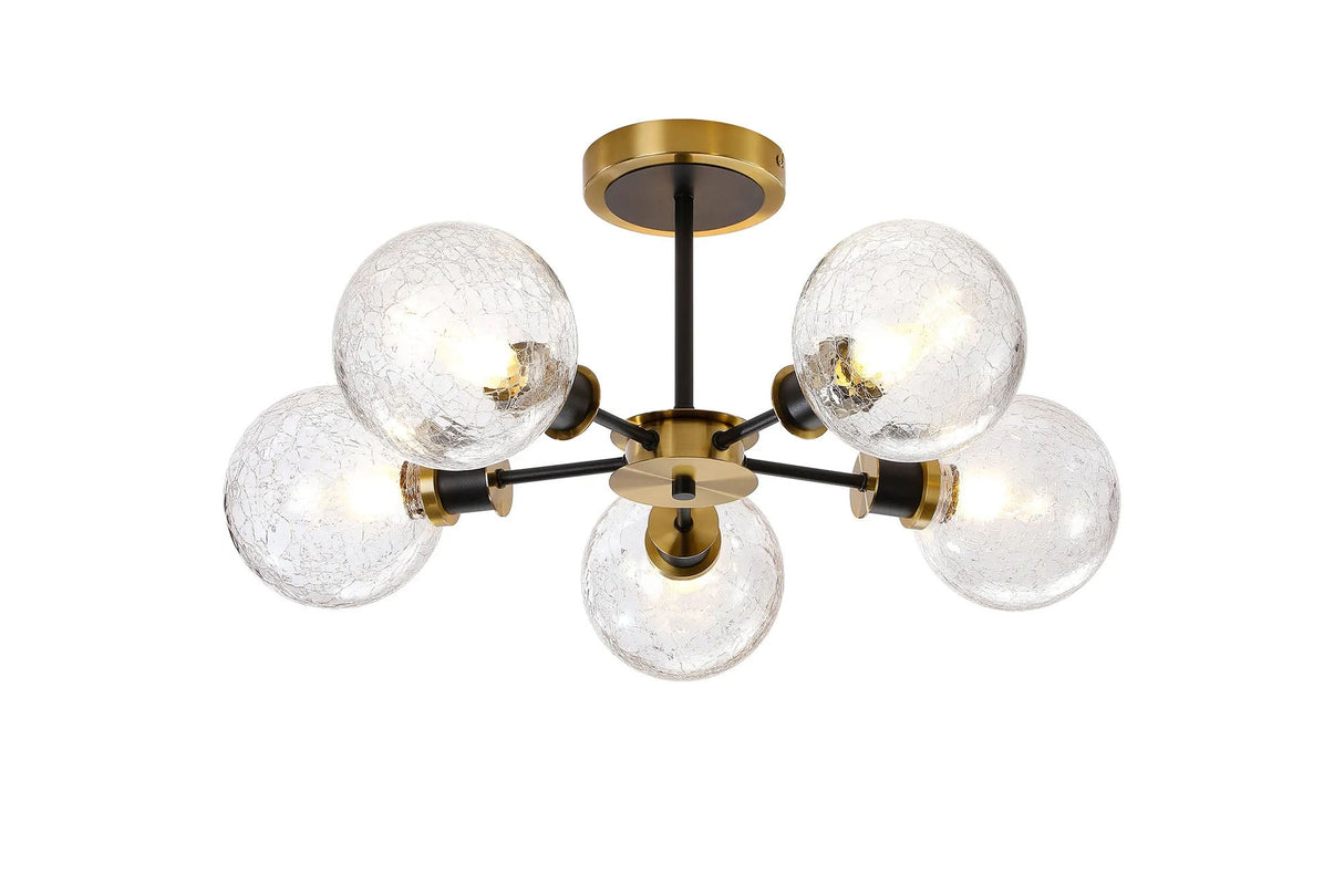 Woods Semi Ceiling, 5 x E14 With 15cm Round Crackled Glass Shade, Brass, Clear & Satin Black