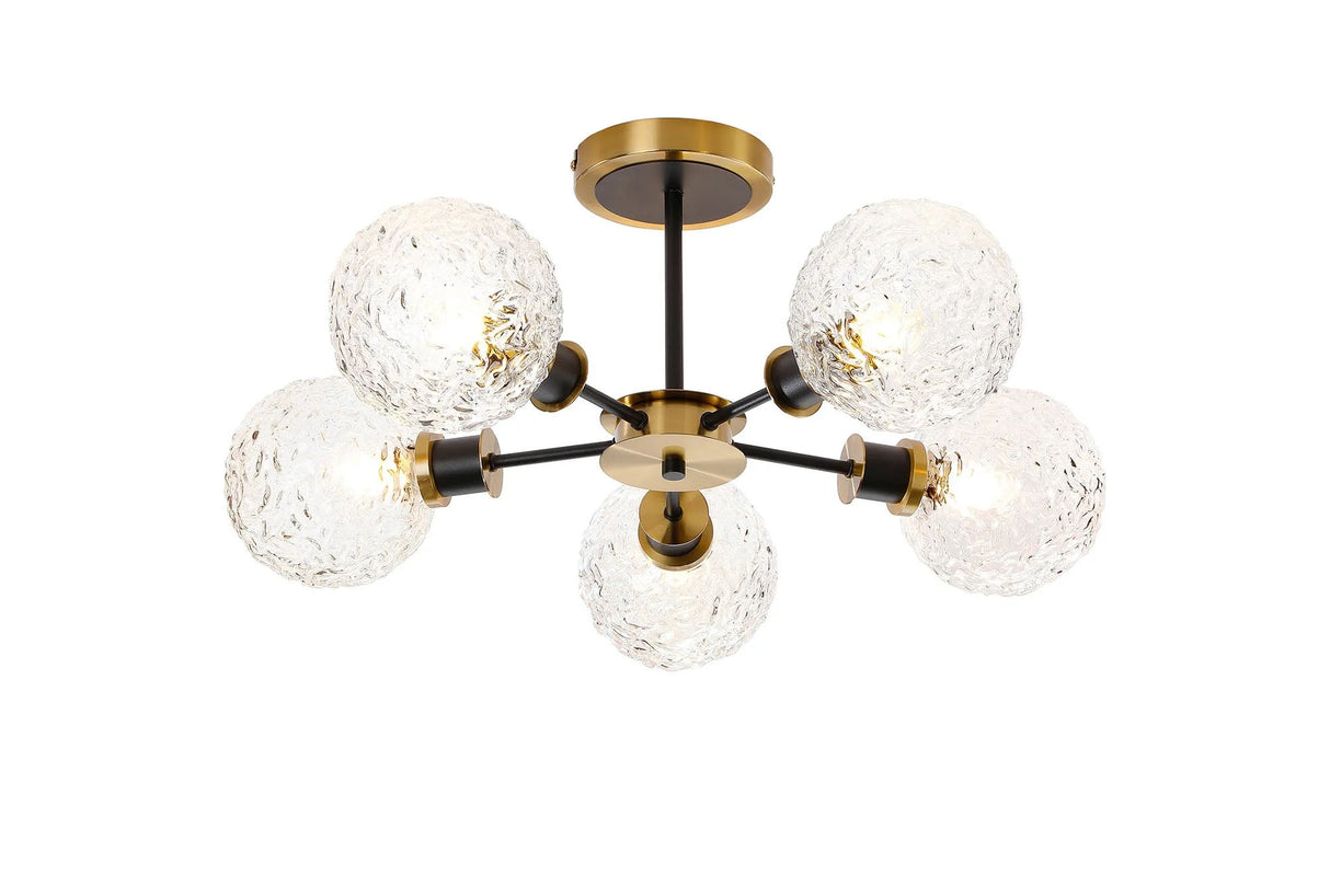 Woods Semi Ceiling, 5 x E14 With 15cm Round Textured Crumple Glass Shade, Brass, Clear & Satin Black