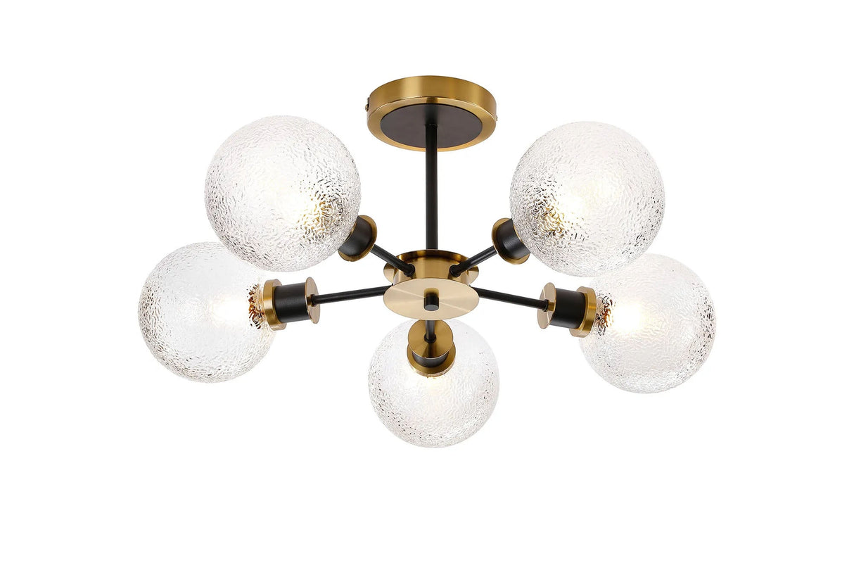 Woods Semi Ceiling, 5 x E14 With 15cm Round Dimpled Glass Shade, Brass, Clear & Satin Black