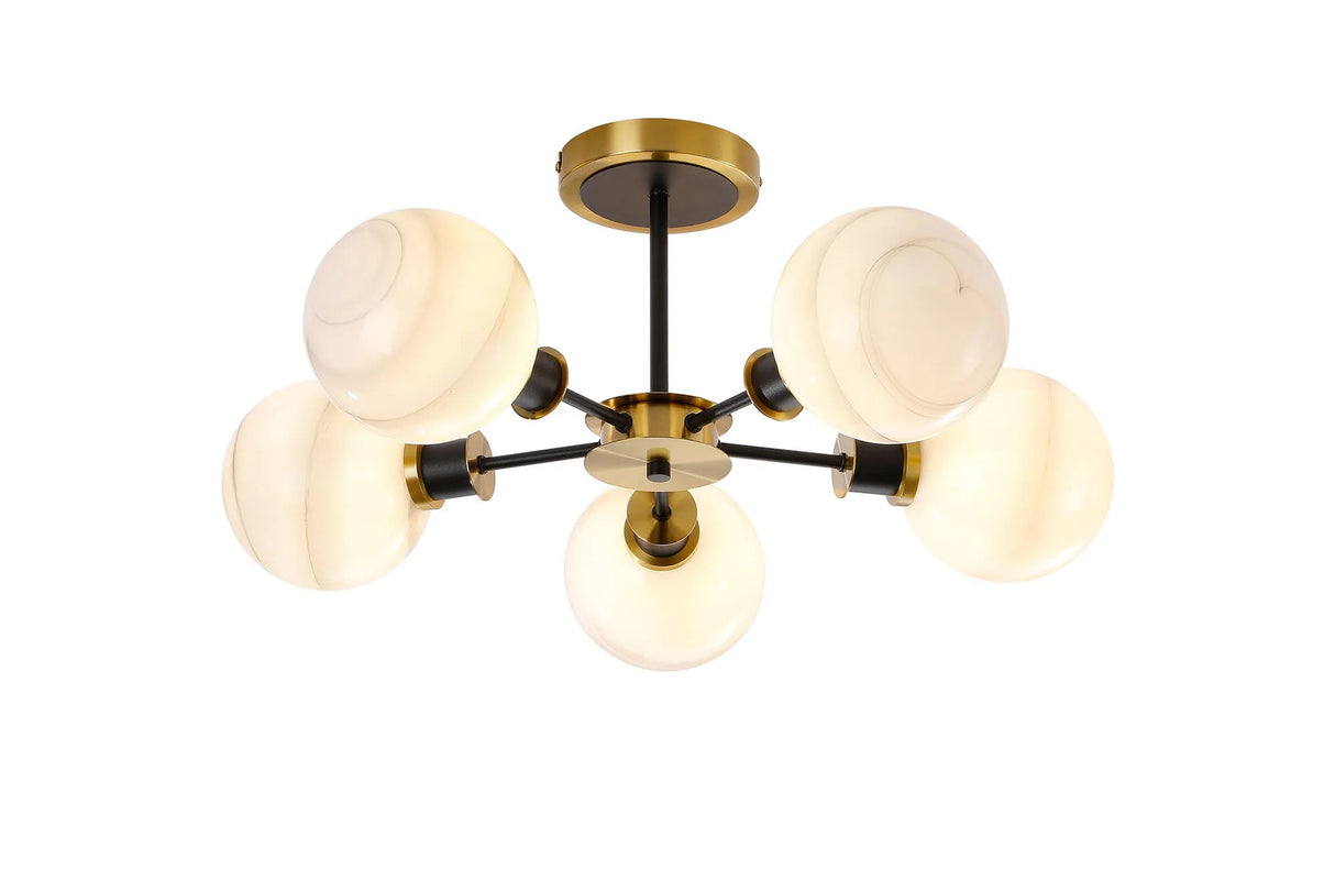 Woods Semi Ceiling, 5 x E14 With 15cm Round Marble Effect Glass Shade, Brass, White & Satin Black