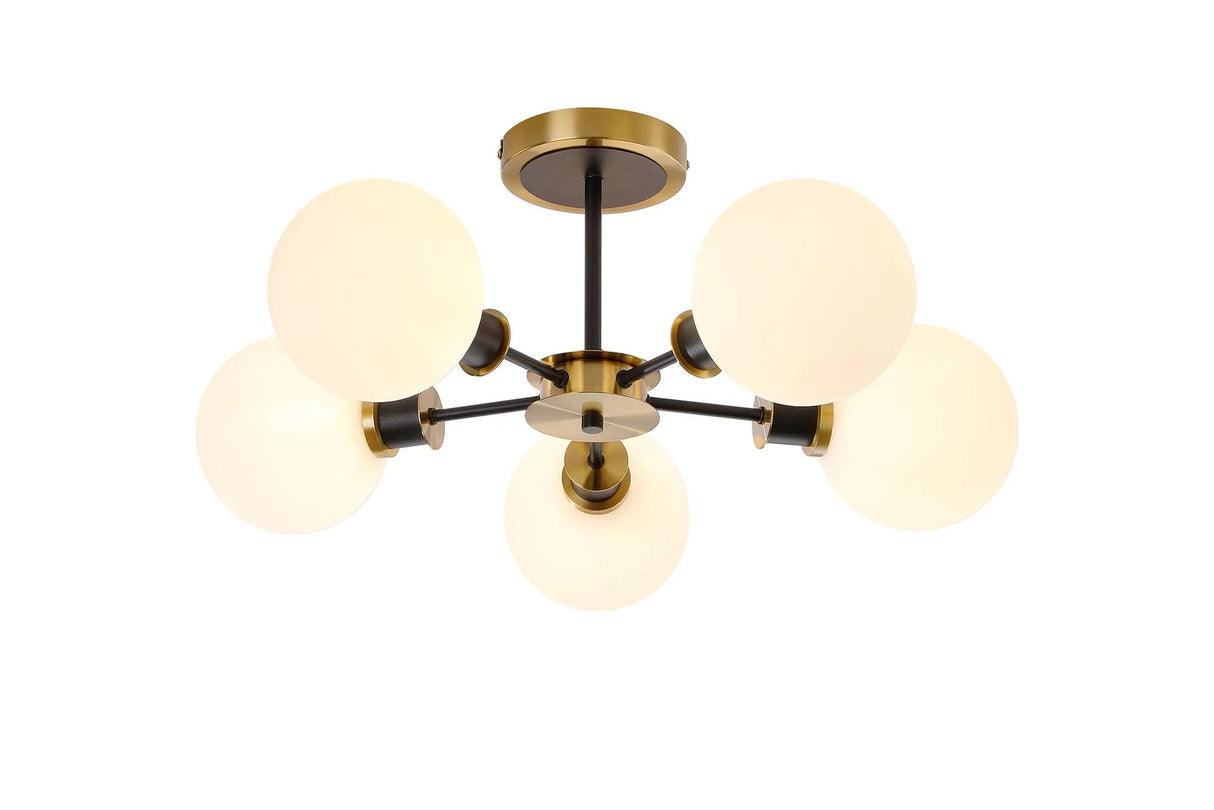 Woods Semi Ceiling, 5 x E14 With 15cm Round Glass Shade, Brass, Opal & Satin Black