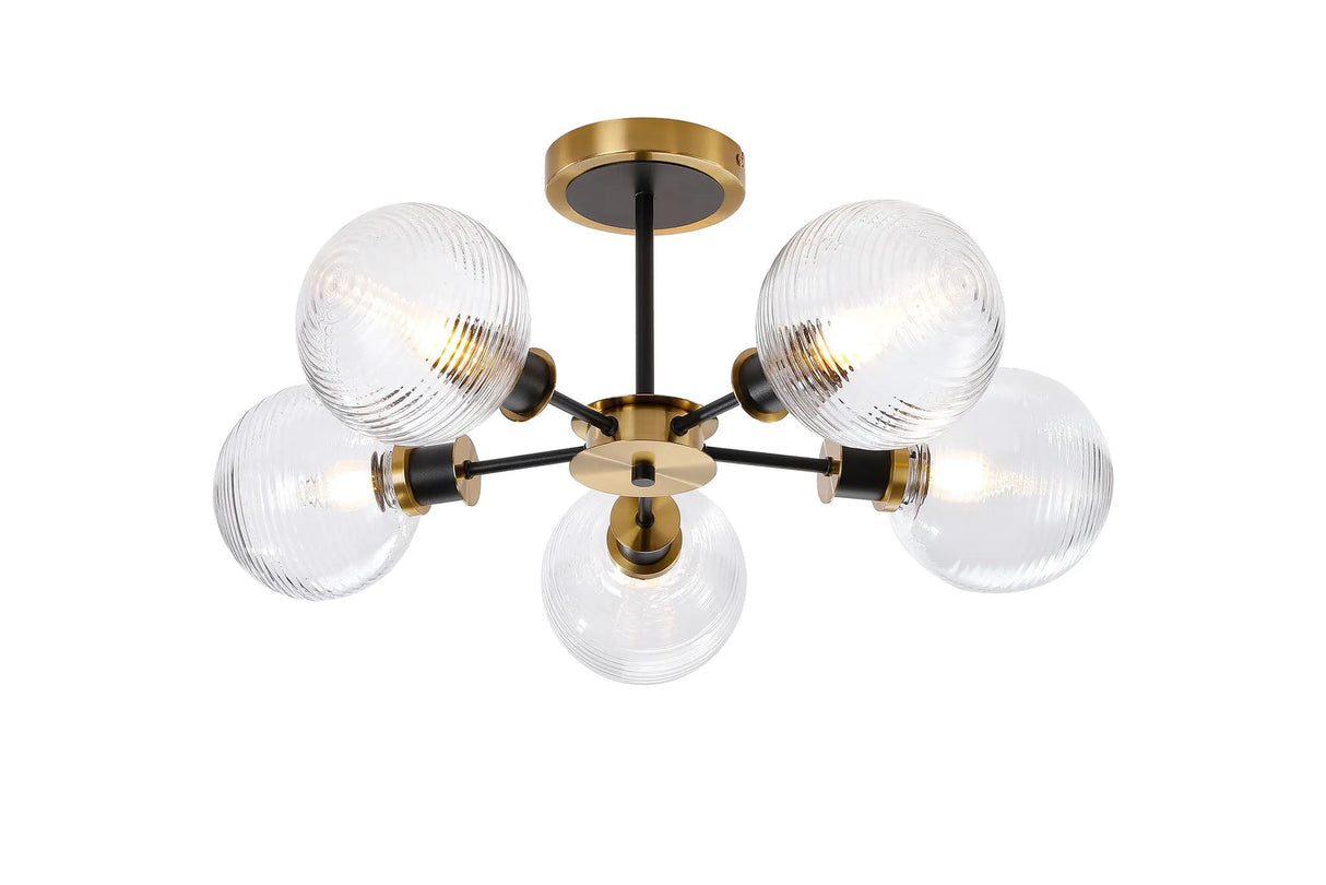 Woods Semi Ceiling, 5 x E14 With 15cm Round Ribbed Glass Shade, Brass, Clear & Satin Black