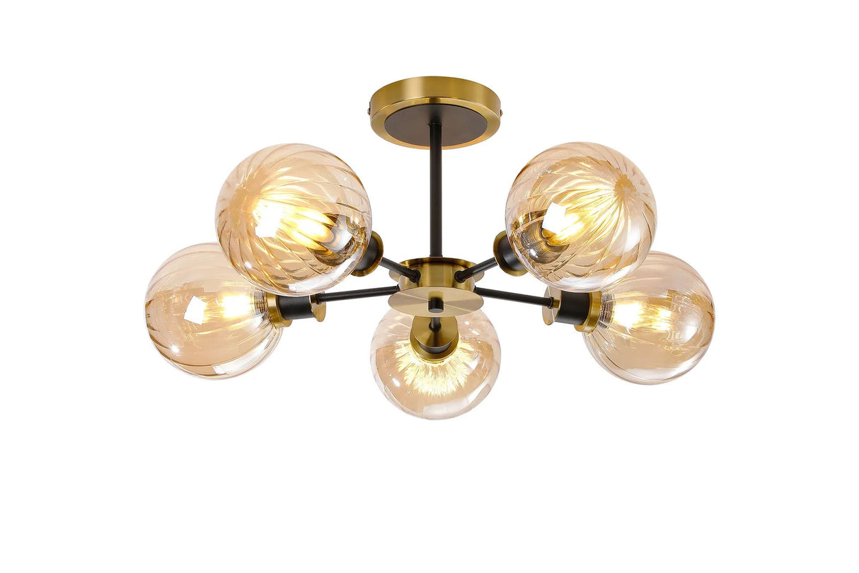 Woods Semi Ceiling, 5 x E14 With 15cm Round Segment Glass Shade, Brass, Amber Plated & Satin Black