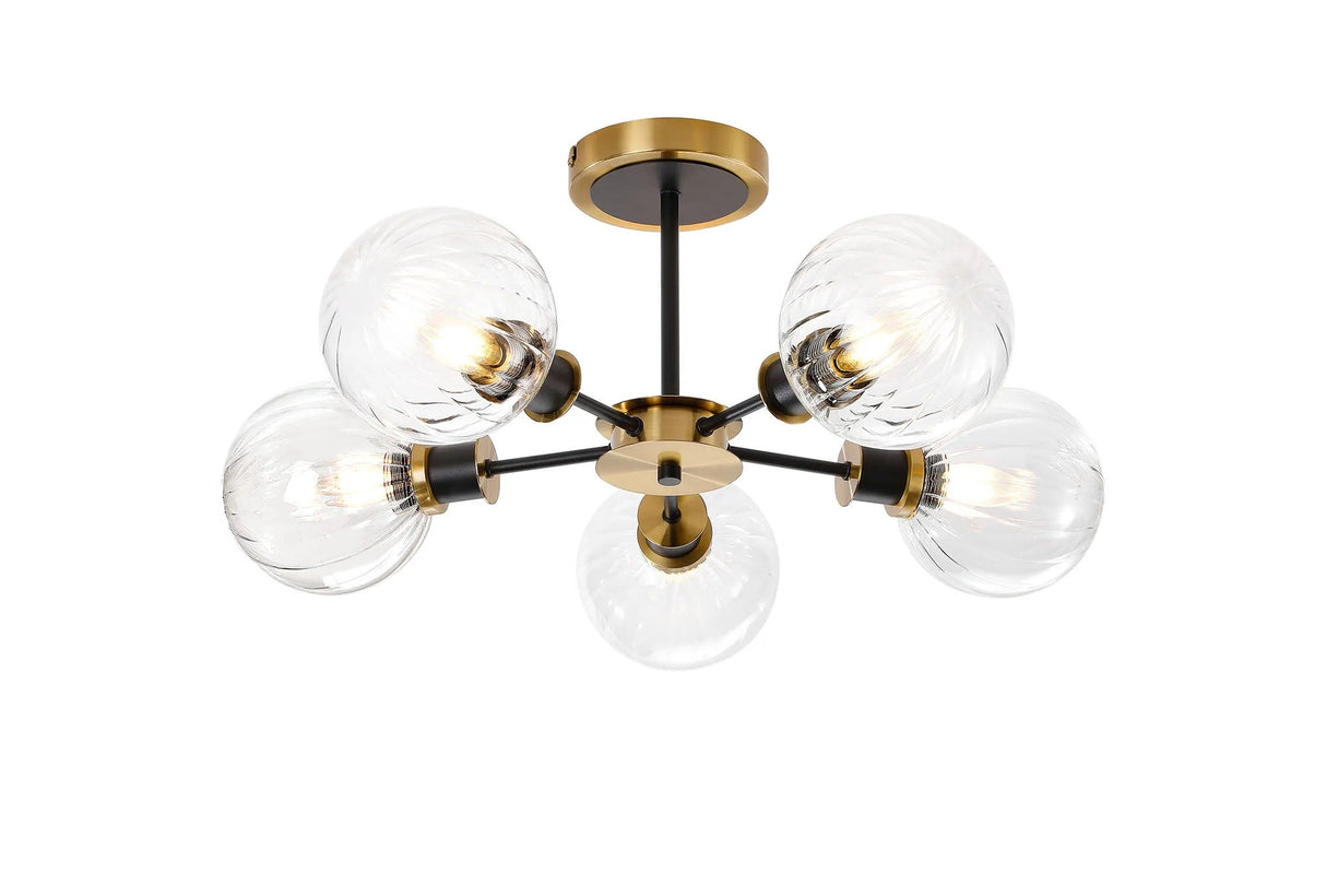 Woods Semi Ceiling, 5 x E14 With 15cm Round Segment Glass Shade, Brass, Clear & Satin Black