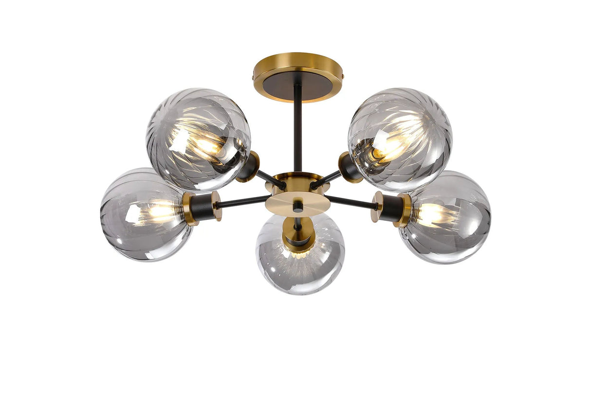Woods Semi Ceiling, 5 x E14 With 15cm Round Segment Glass Shade, Brass, Smoke Plated & Satin Black
