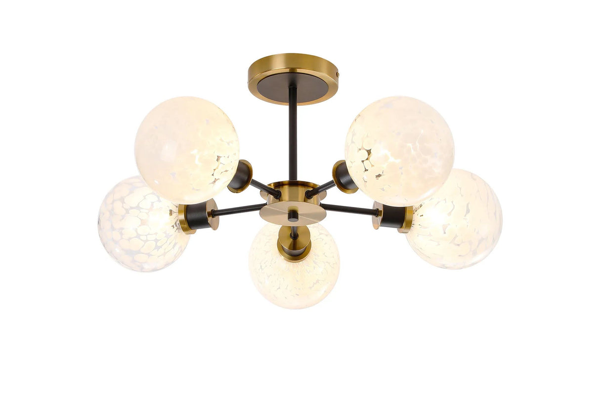 Woods Semi Ceiling, 5 x E14 With 15cm Round Speckled Glass Shade, Brass, White & Satin Black
