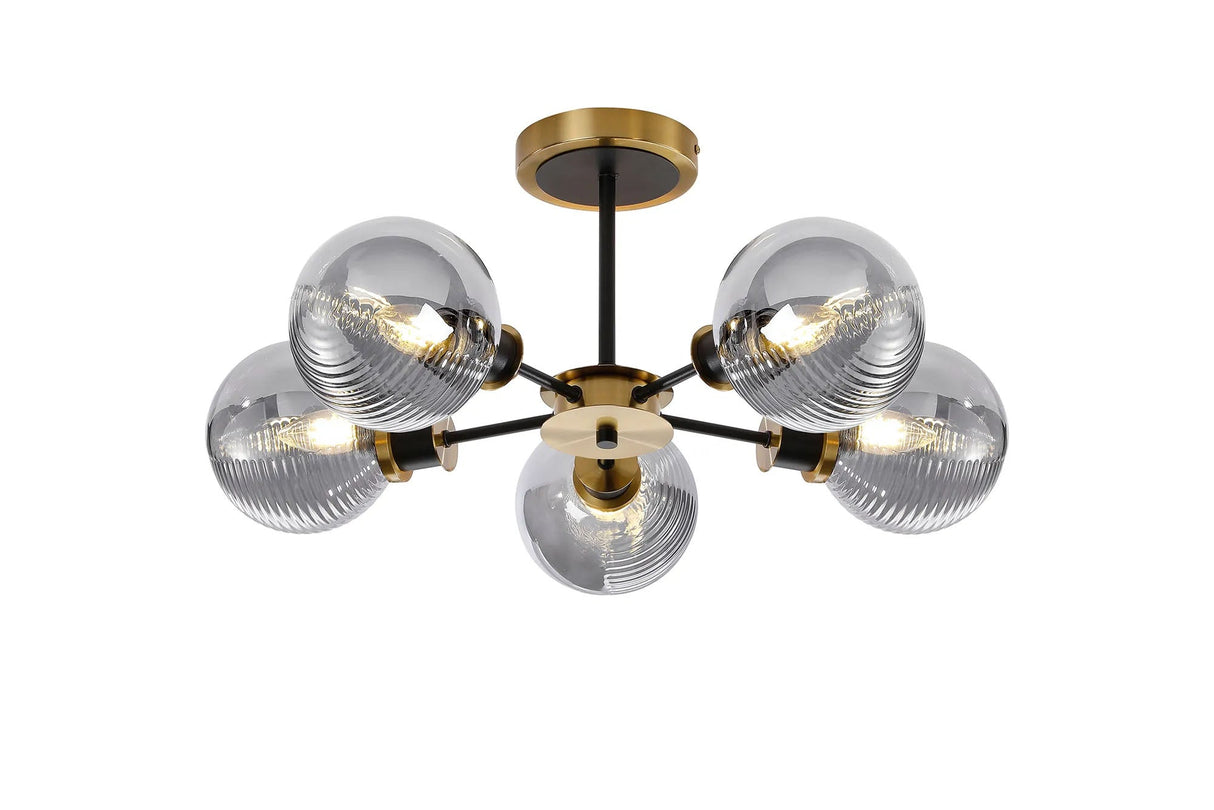 Woods Semi Ceiling, 5 x E14 With 15cm Round Double Textured Smooth/Ribbed Glass Shade, Brass, Smoke Plated & Satin Black