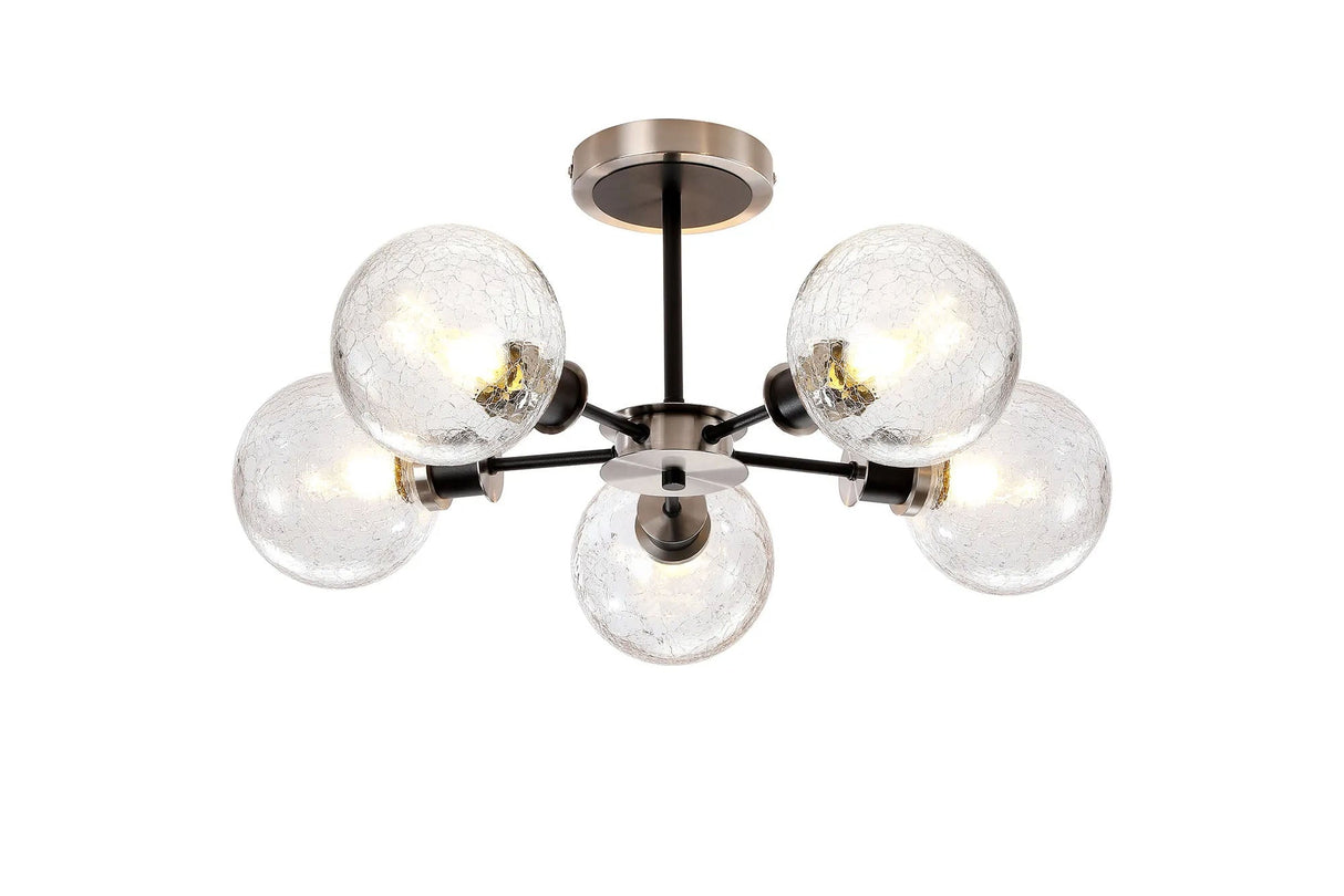 Woods Semi Ceiling, 5 x E14 With 15cm Round Crackled Glass Shade, Satin Nickel, Clear & Satin Black