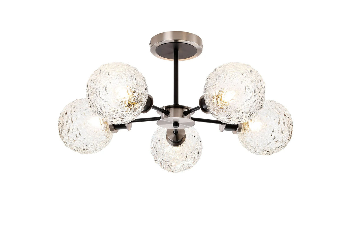 Woods Semi Ceiling, 5 x E14 With 15cm Round Textured Crumple Glass Shade, Satin Nickel, Clear & Satin Black