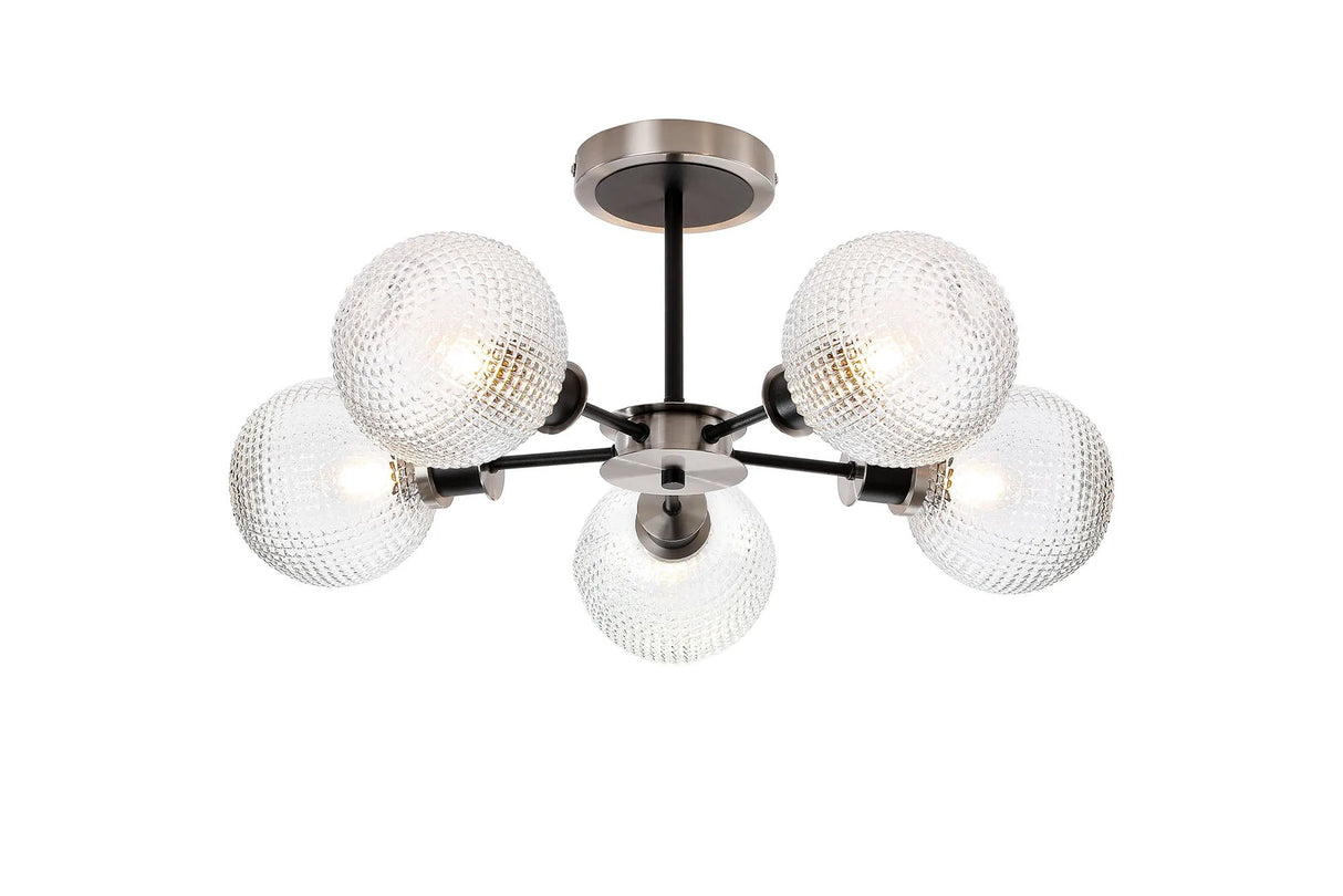 Woods Semi Ceiling, 5 x E14 With 15cm Round Textured Diamond Pattern Glass Shade, Satin Nickel, Clear & Satin Black