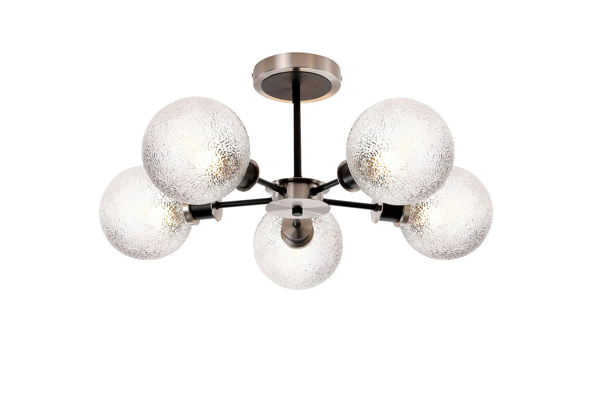 Woods Semi Ceiling, 5 x E14 With 15cm Round Dimpled Glass Shade, Satin Nickel, Clear & Satin Black
