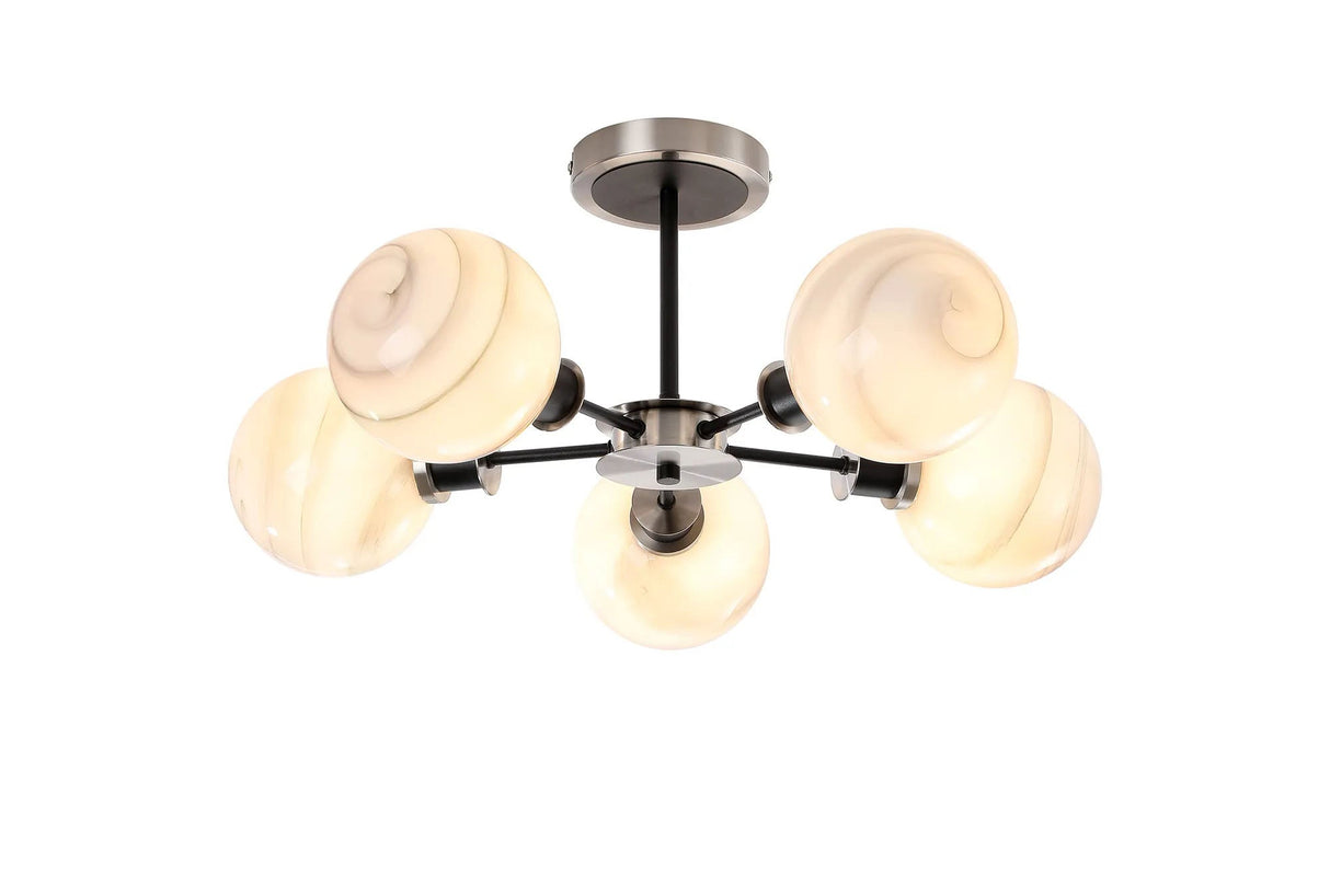 Woods Semi Ceiling, 5 x E14 With 15cm Round Marble Effect Glass Shade, Satin Nickel, White & Satin Black