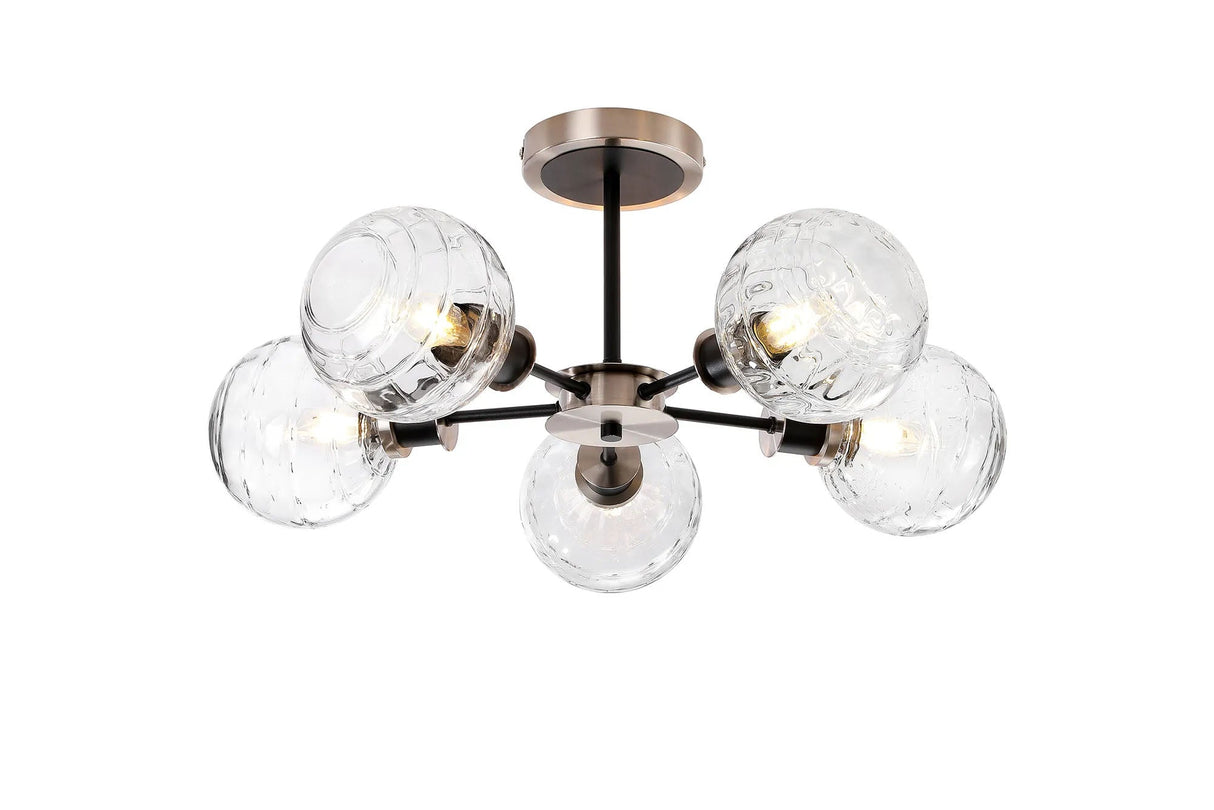 Woods Semi Ceiling, 5 x E14 With 15cm Round Textured Melting Glass Shade, Satin Nickel, Clear & Satin Black