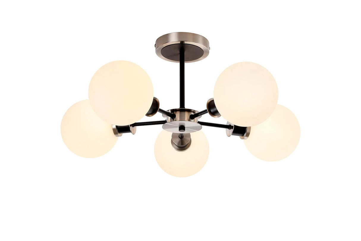Woods Semi Ceiling, 5 x E14 With 15cm Round Glass Shade, Satin Nickel, Opal & Satin Black