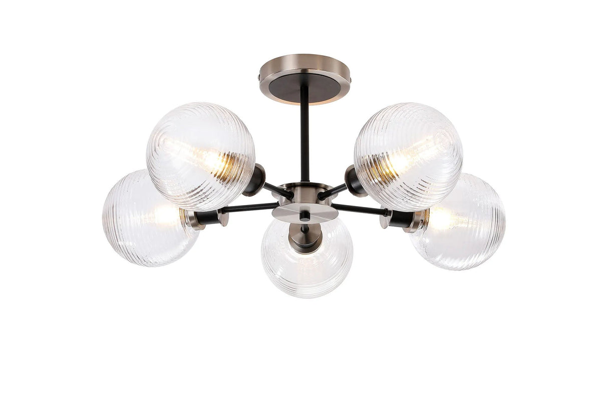 Woods Semi Ceiling, 5 x E14 With 15cm Round Ribbed Glass Shade, Satin Nickel, Clear & Satin Black