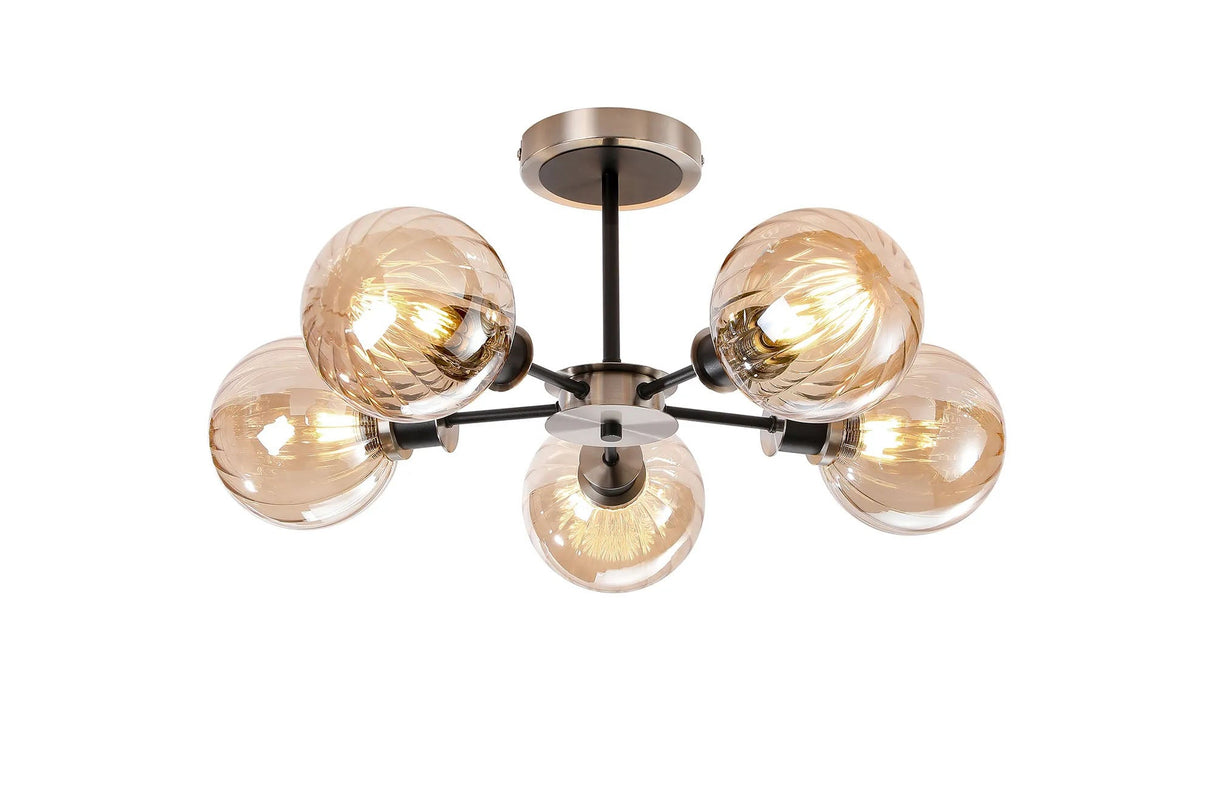 Woods Semi Ceiling, 5 x E14 With 15cm Round Segment Glass Shade, Satin Nickel, Amber Plated & Satin Black