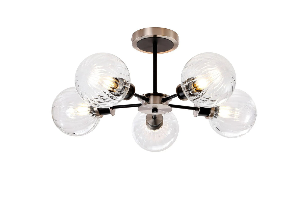 Woods Semi Ceiling, 5 x E14 With 15cm Round Segment Glass Shade, Satin Nickel, Clear & Satin Black