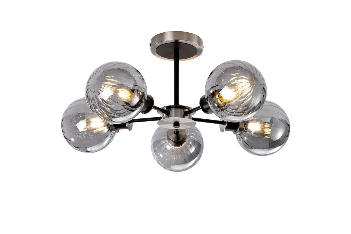 Woods Semi Ceiling, 5 x E14 With 15cm Round Segment Glass Shade, Satin Nickel, Smoke Plated & Satin Black