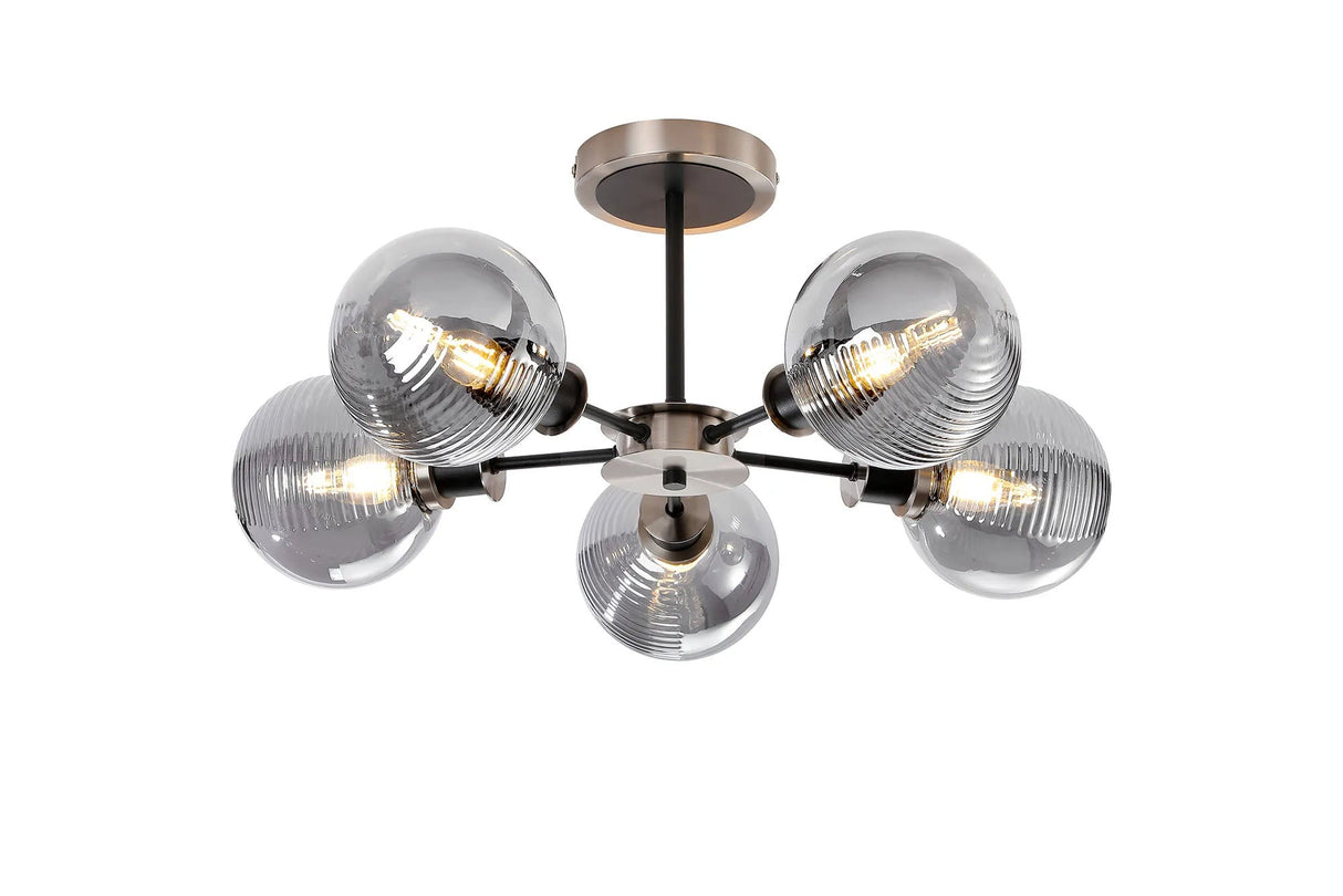 Woods Semi Ceiling, 5 x E14 With 15cm Round Double Textured Smooth/Ribbed Glass Shade, Satin Nickel, Smoke Plated & Satin Black
