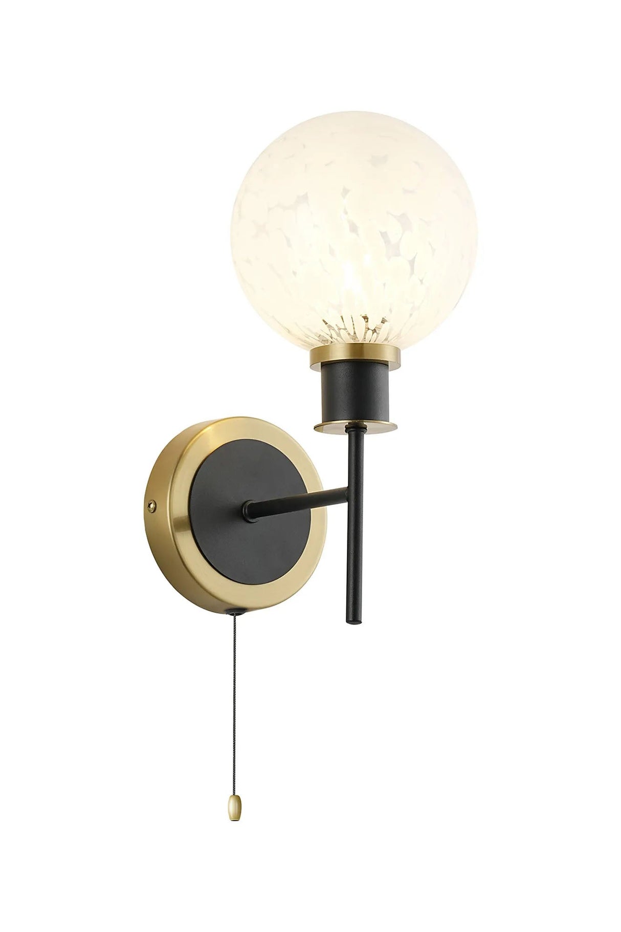 Woods Switched Wall Light, 1 x E14 With 15cm Round Speckled Glass Shade, Brass, White & Satin Black