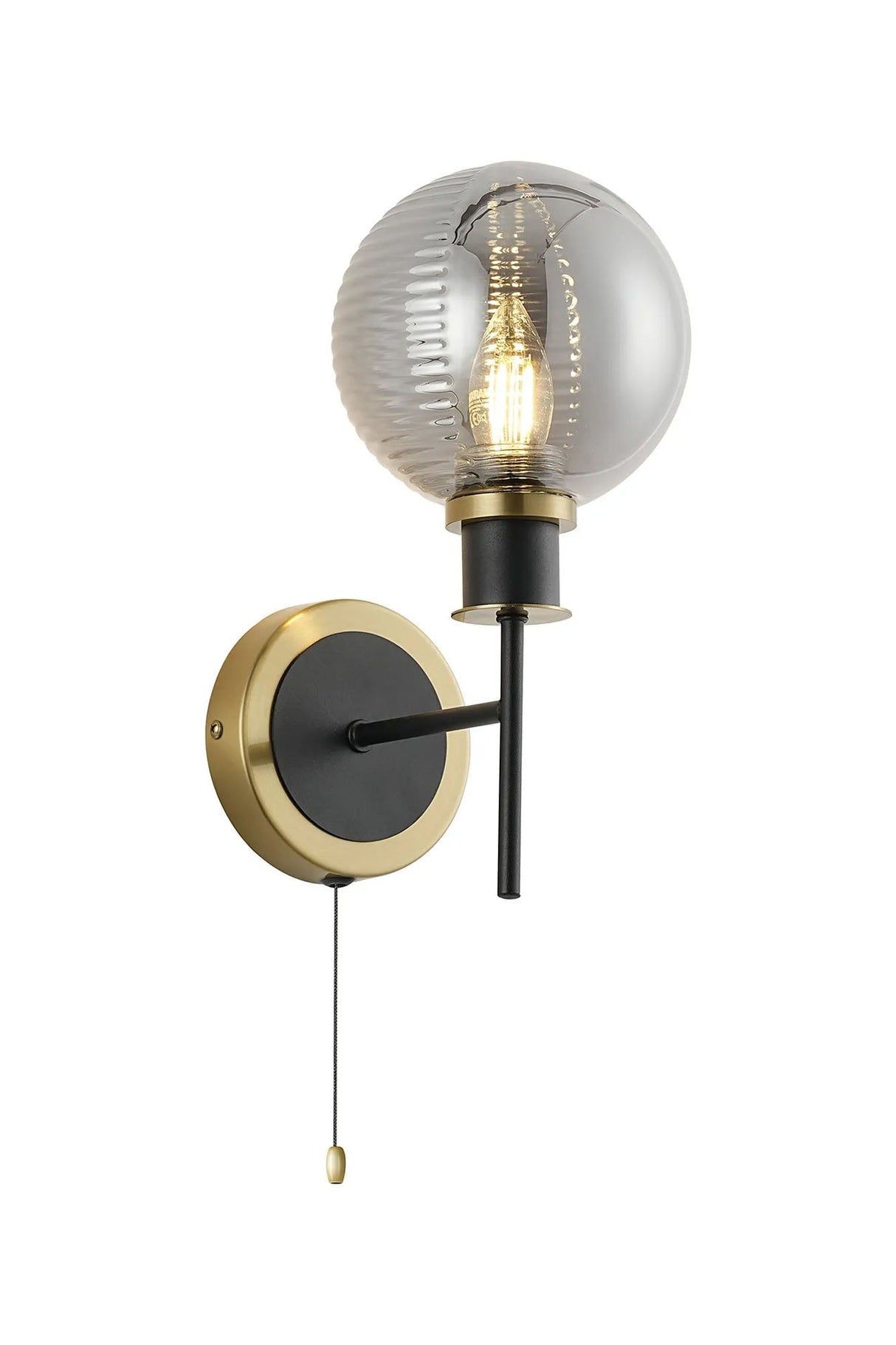 Woods Switched Wall Light, 1 x E14 With 15cm Round Double Textured Smooth/Ribbed Glass Shade, Brass, Smoke Plated & Satin Black
