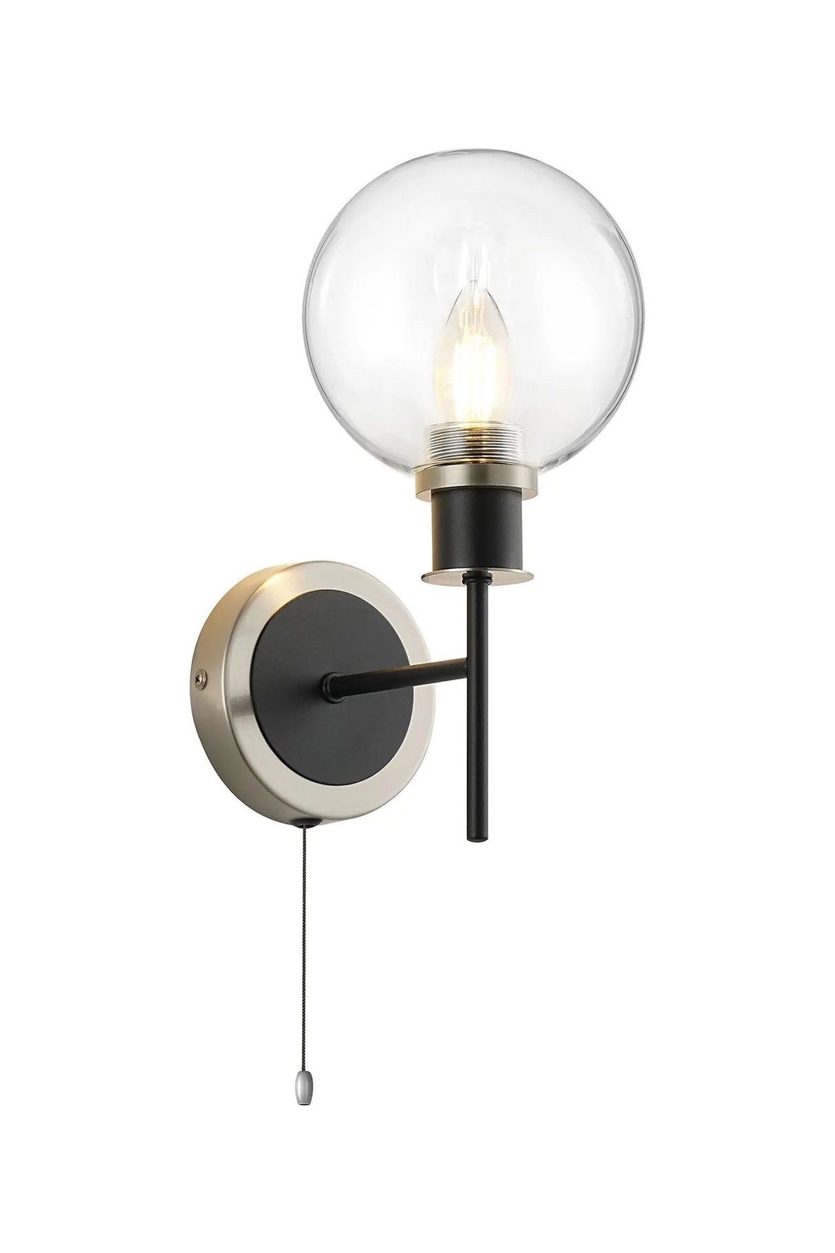 Woods Switched Wall Light, 1 x E14 With 15cm Round Glass Shade, Satin Nickel, Clear & Satin Black