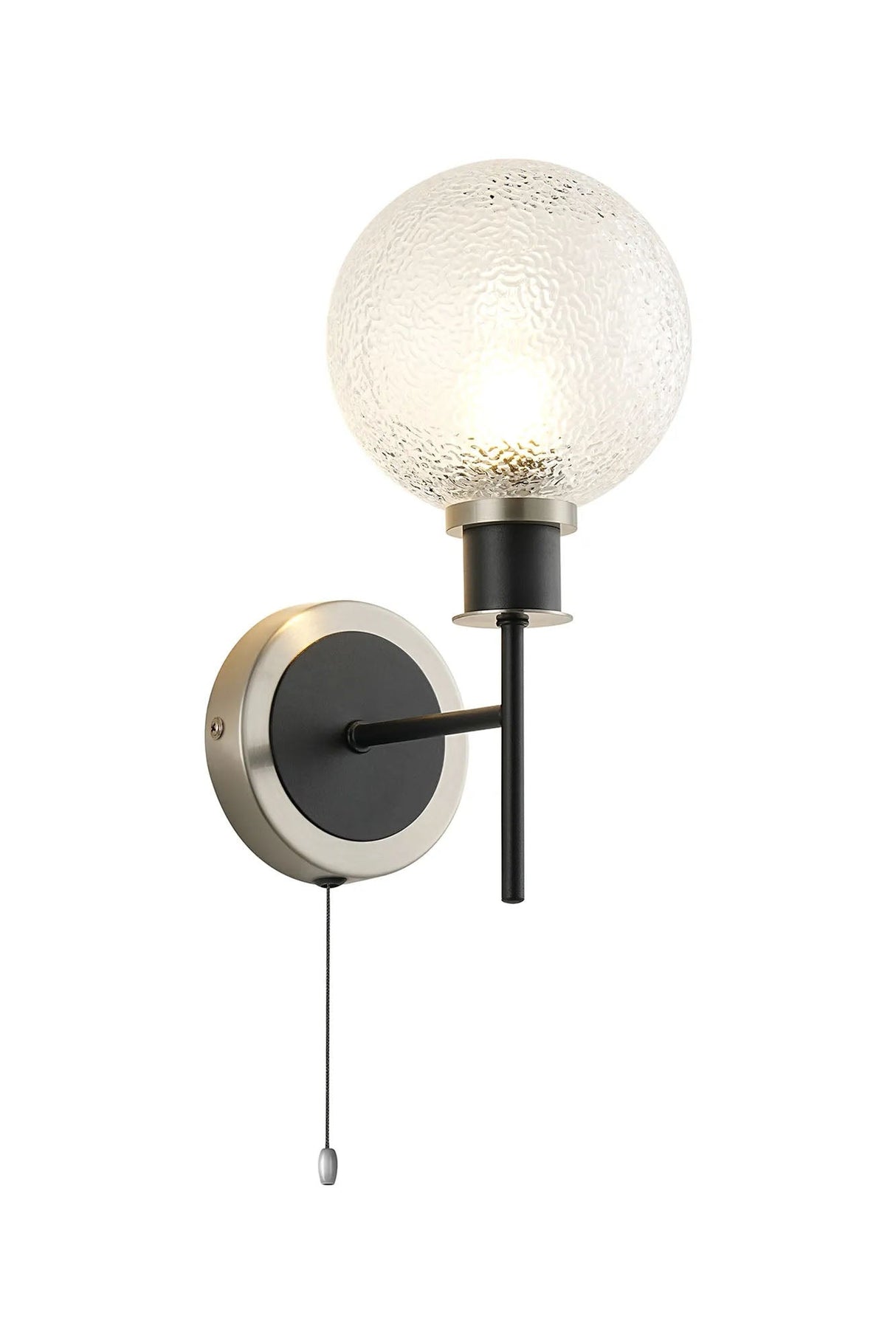 Woods Switched Wall Light, 1 x E14 With 15cm Round Dimpled Glass Shade, Satin Nickel, Clear & Satin Black