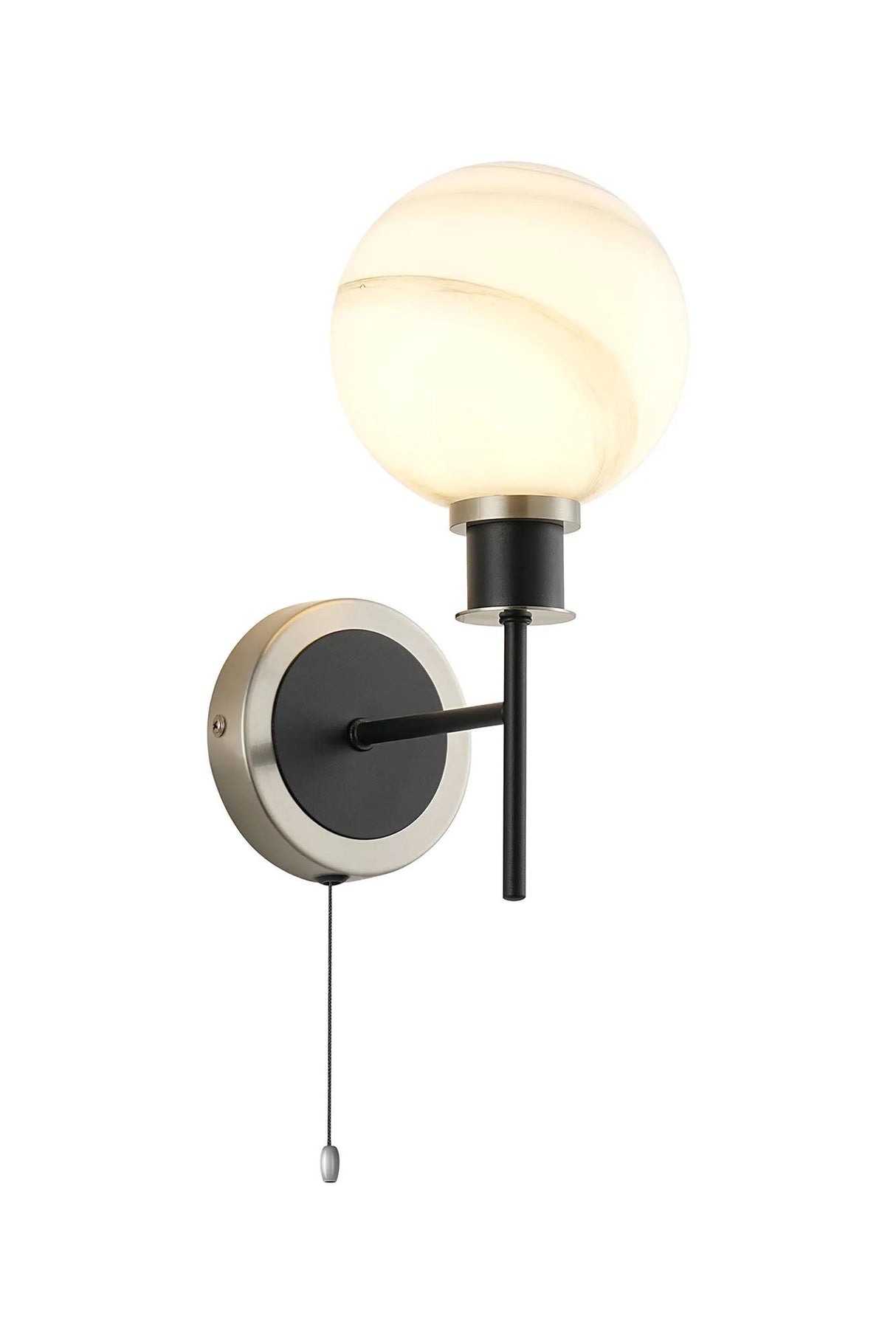 Woods Switched Wall Light, 1 x E14 With 15cm Round Marble Effect Glass Shade, Satin Nickel, White & Satin Black