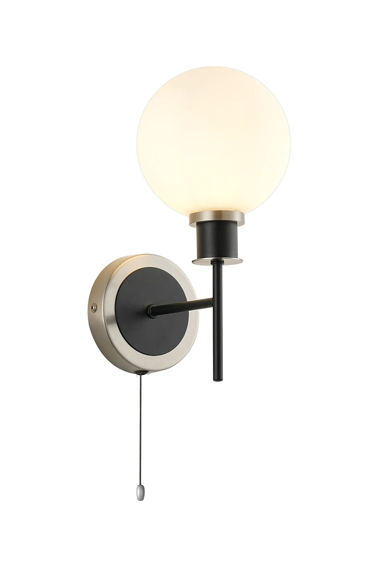Woods Switched Wall Light, 1 x E14 With 15cm Round Glass Shade, Satin Nickel, Opal & Satin Black