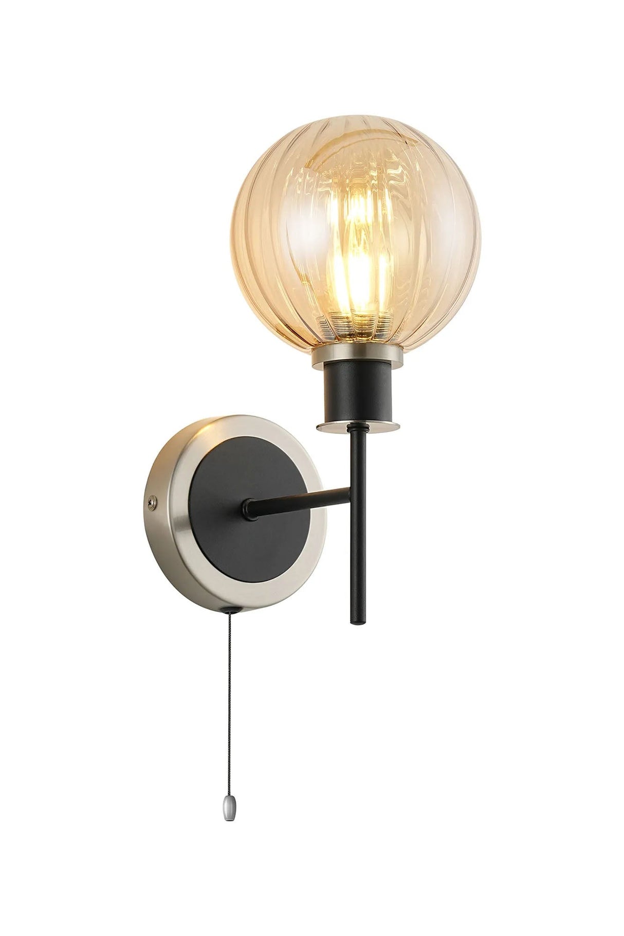 Woods Switched Wall Light, 1 x E14 With 15cm Round Segment Glass Shade, Satin Nickel, Amber Plated & Satin Black