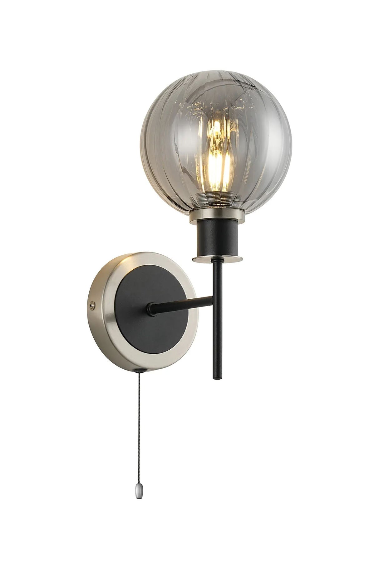 Woods Switched Wall Light, 1 x E14 With 15cm Round Segment Glass Shade, Satin Nickel, Smoke Plated & Satin Black