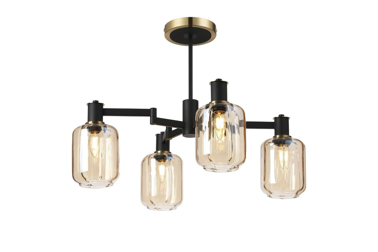 Adamson Swing Arm Semi Ceiling 4 x E14 Brass/Satin Black/Amber Striped Cylinder Glass