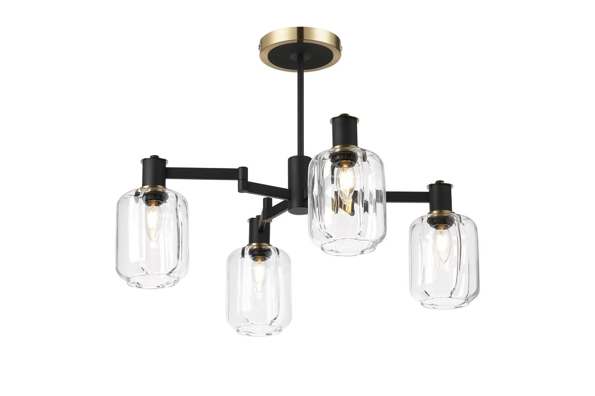 Adamson Swing Arm Semi Ceiling 4 x E14 Brass/Satin Black/Clear Striped Cylinder Glass