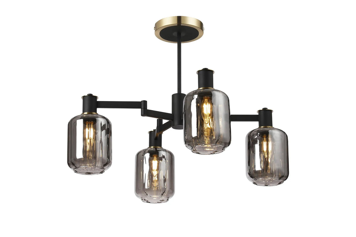 Adamson Swing Arm Semi Ceiling 4 x E14 Brass/Satin Black/Smoke Striped Cylinder Glass