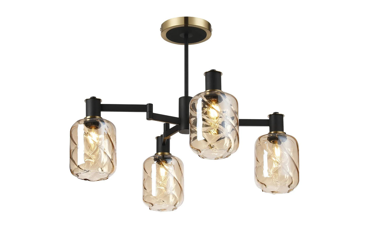 Adamson Swing Arm Semi Ceiling 4 x E14 Brass/Satin Black/Amber Twisted Cylinder Glass