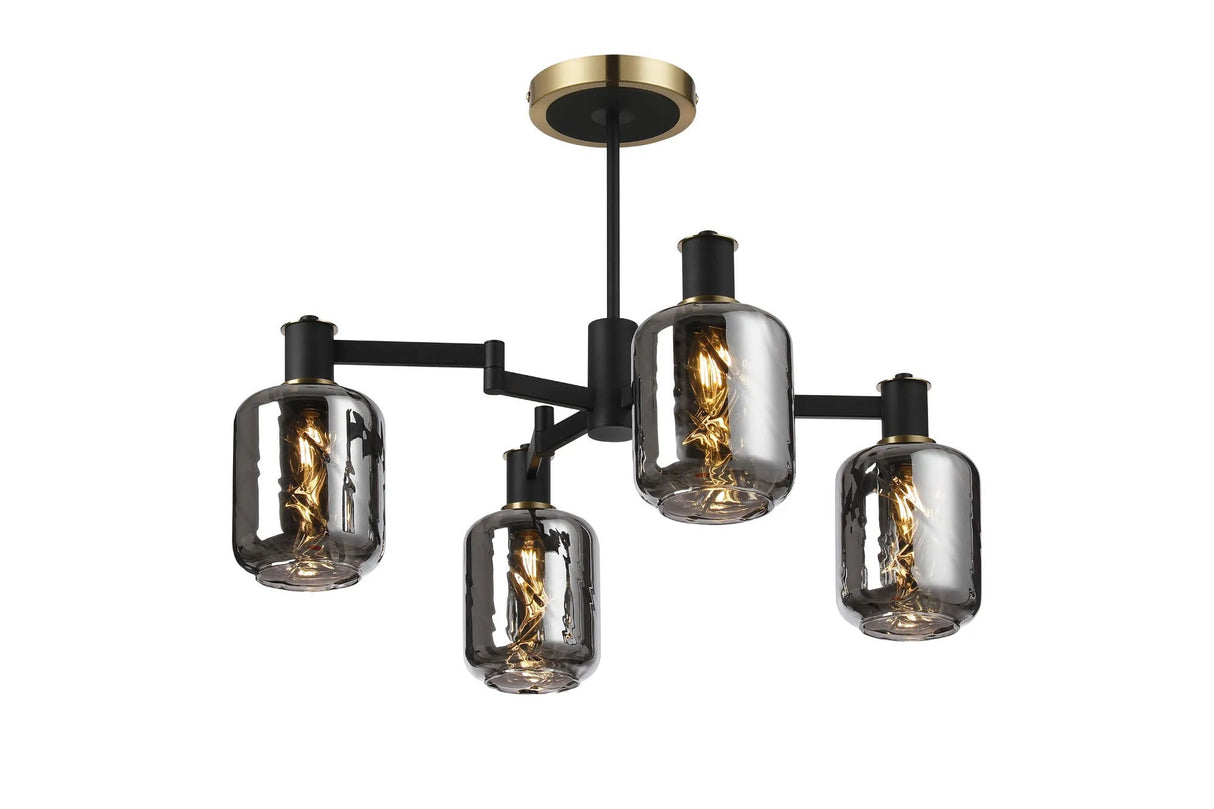 Adamson Swing Arm Semi Ceiling 4 x E14 Brass/Satin Black/Smoke Twisted Cylinder Glass