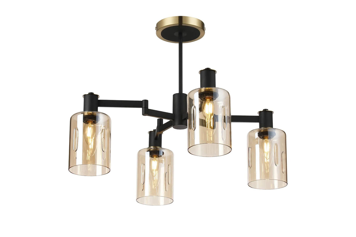 Adamson Swing Arm Semi Ceiling 4 x E14 Brass/Satin Black/Amber Uniform Dimple Cylinder Glass