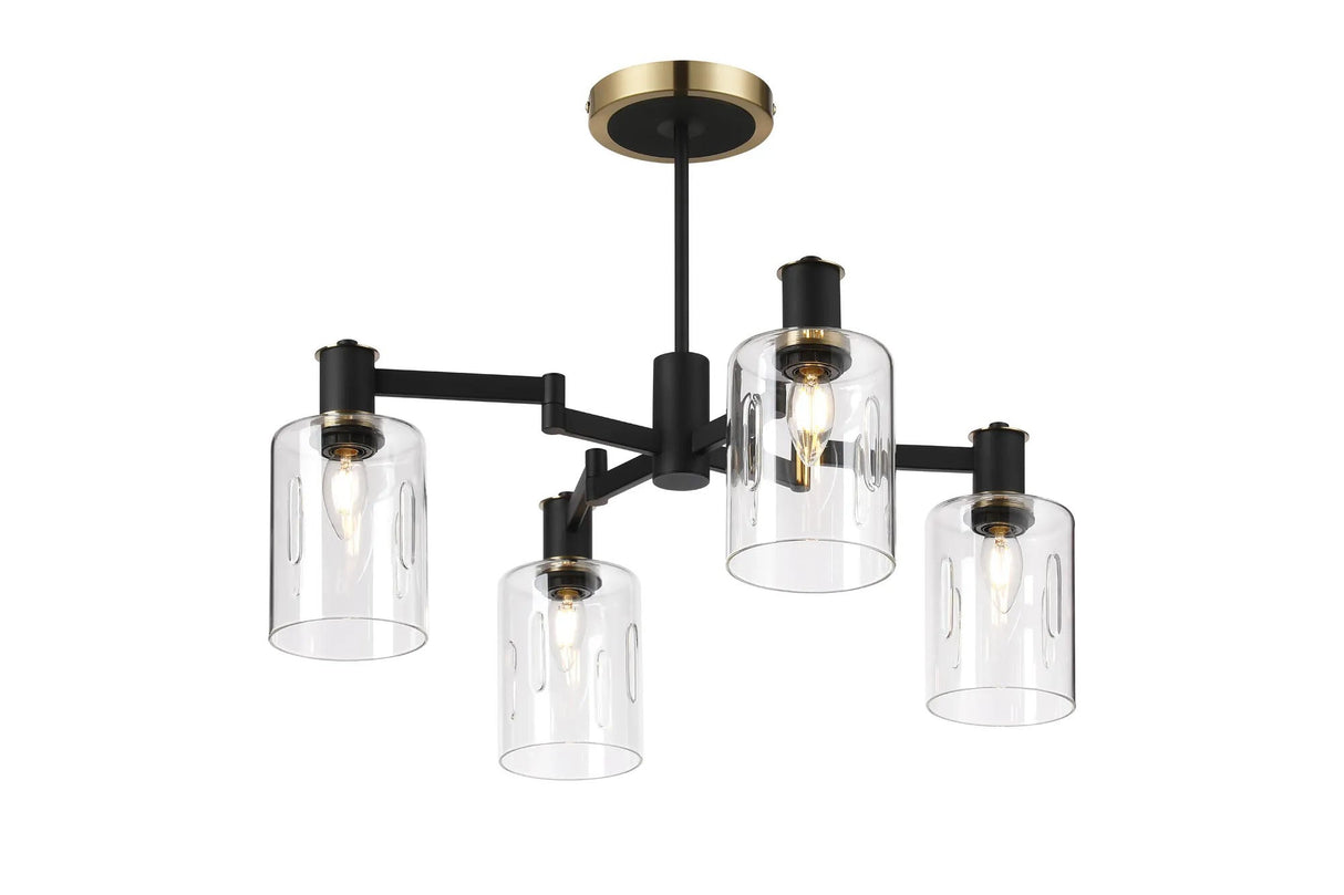 Adamson Swing Arm Semi Ceiling 4 x E14 Brass/Satin Black/Clear Uniform Dimple Cylinder Glass