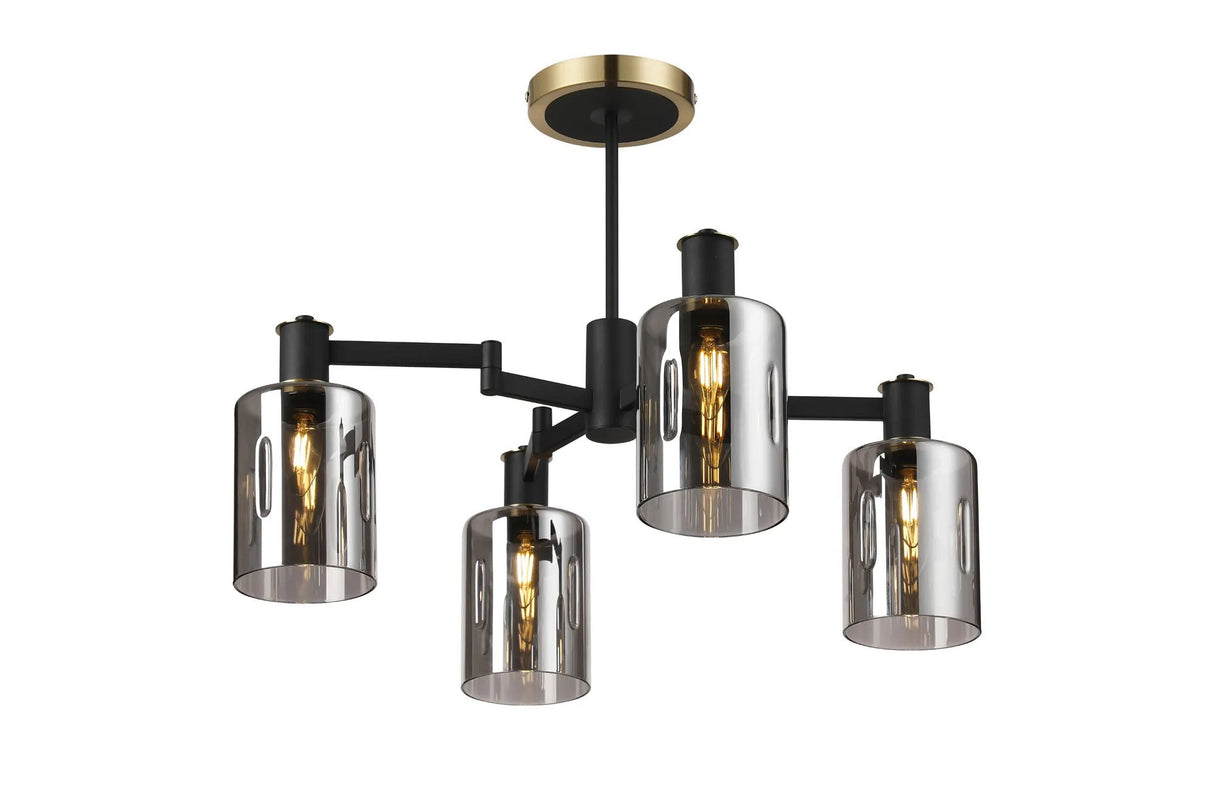 Adamson Swing Arm Semi Ceiling 4 x E14 Brass/Satin Black/Smoke Uniform Dimple Cylinder Glass