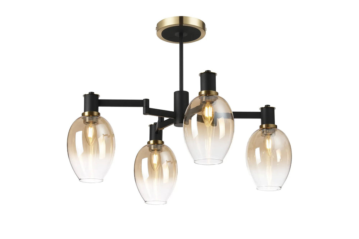 Adamson Swing Arm Semi Ceiling 4 x E14 Brass/Satin Black/Amber Fade Wine Glass Glass