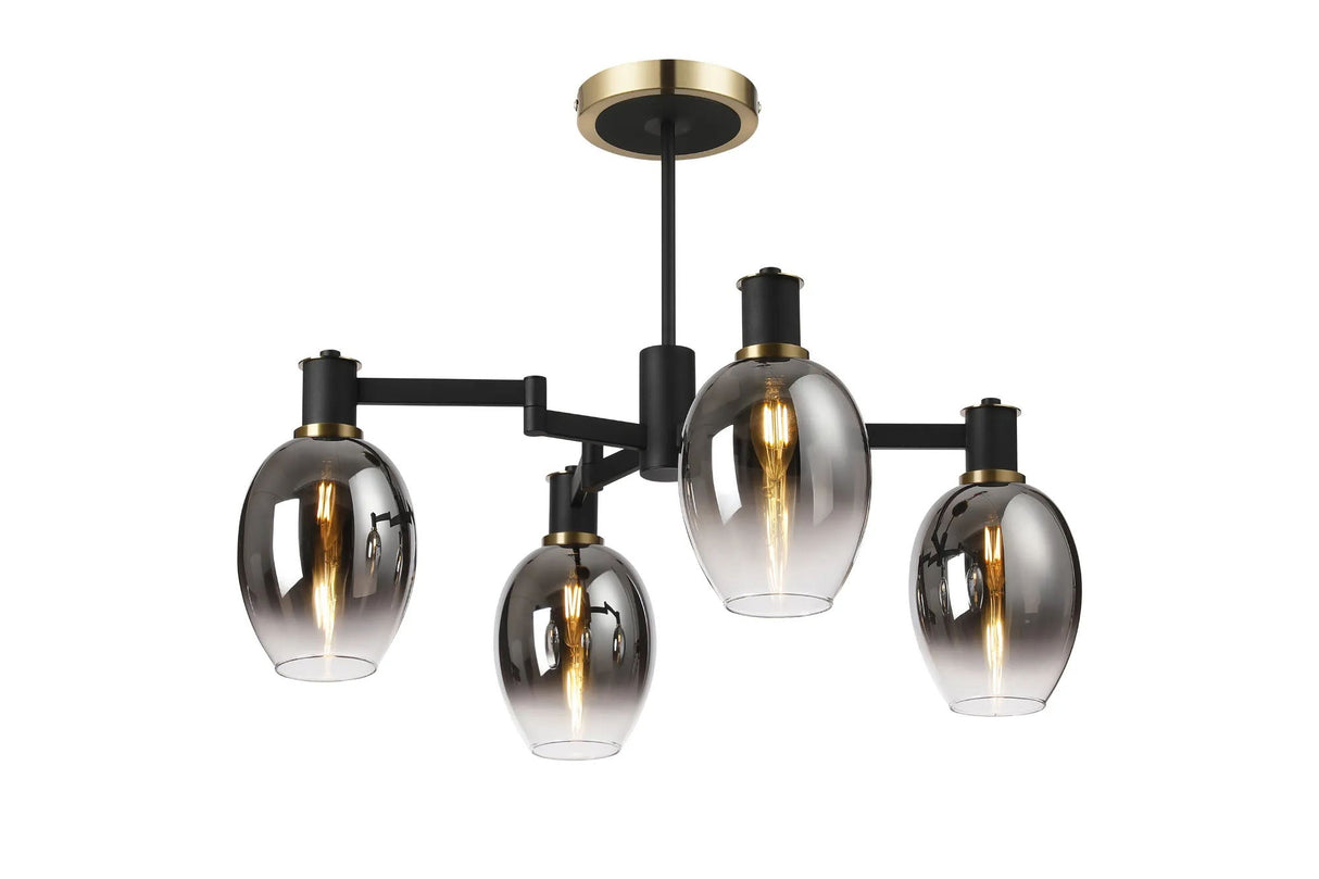 Adamson Swing Arm Semi Ceiling 4 x E14 Brass/Satin Black/Smoke Fade Wine Glass Glass
