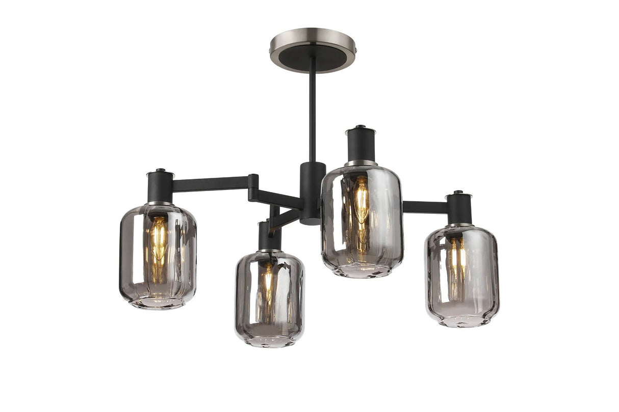 Adamson Swing Arm Semi Ceiling 4 x E14 Satin Nickel/Satin Black/Smoke Striped Cylinder Glass