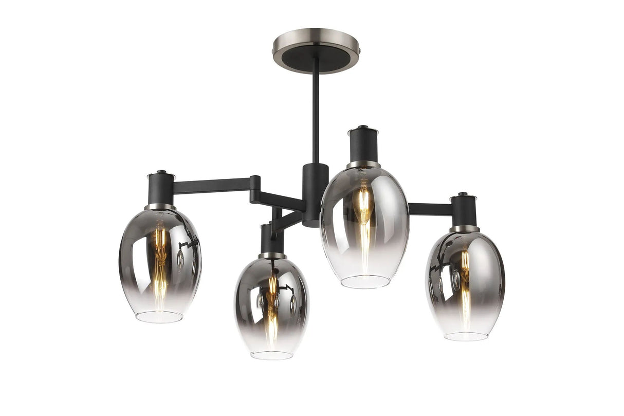 Adamson Swing Arm Semi Ceiling 4 x E14 Satin Nickel/Satin Black/Smoke Fade Wine Glass Glass