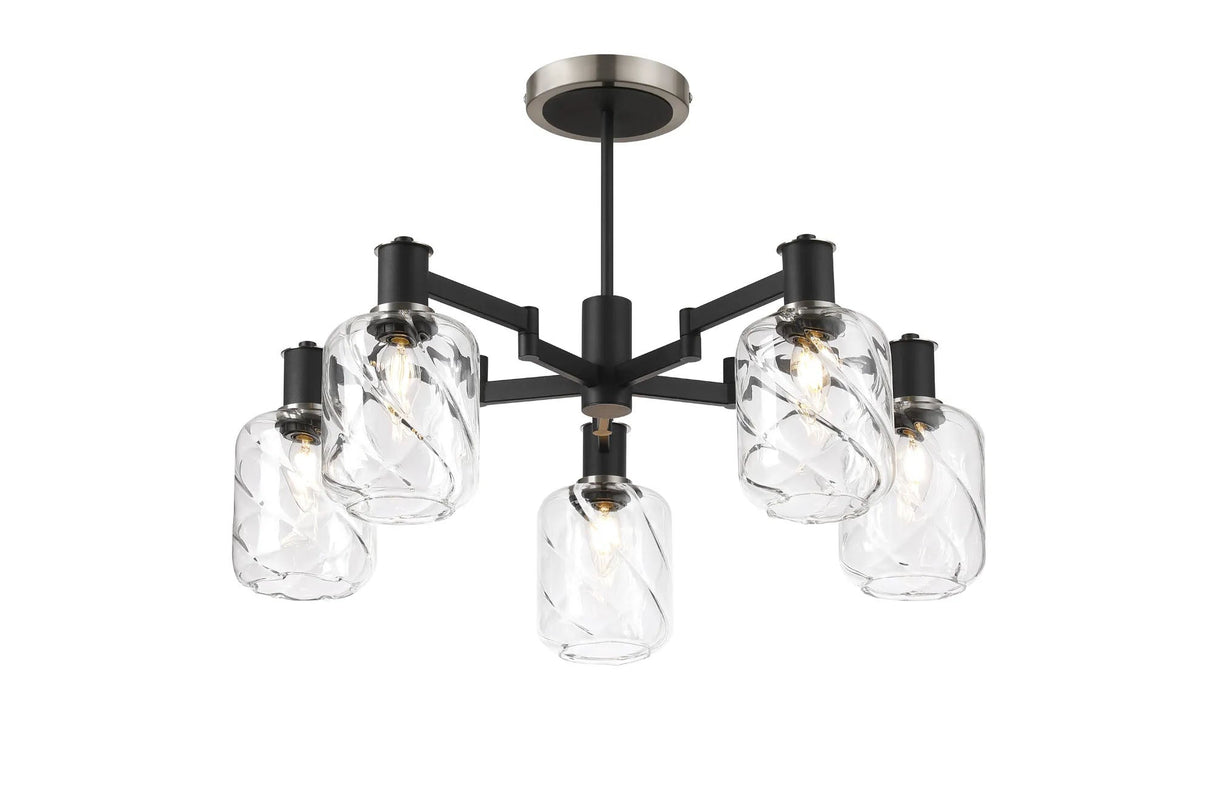 Adamson Swing Arm Semi Ceiling 5 x E14 Satin Nickel/Satin Black/Clear Twisted Cylinder Glass