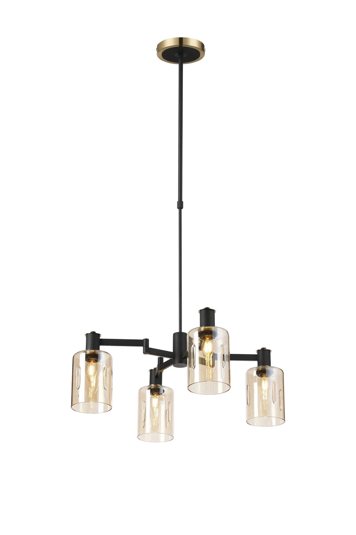 Adamson Swing Arm Telescopic Pendant 4 x E14 Brass/Satin Black/Amber Uniform Dimple Cylinder Glass
