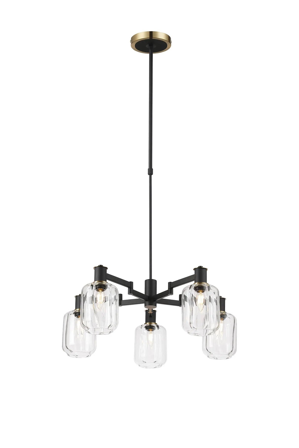 Adamson Swing Arm Telescopic Pendant 5 x E14 Brass/Satin Black/Clear Striped Cylinder Glass