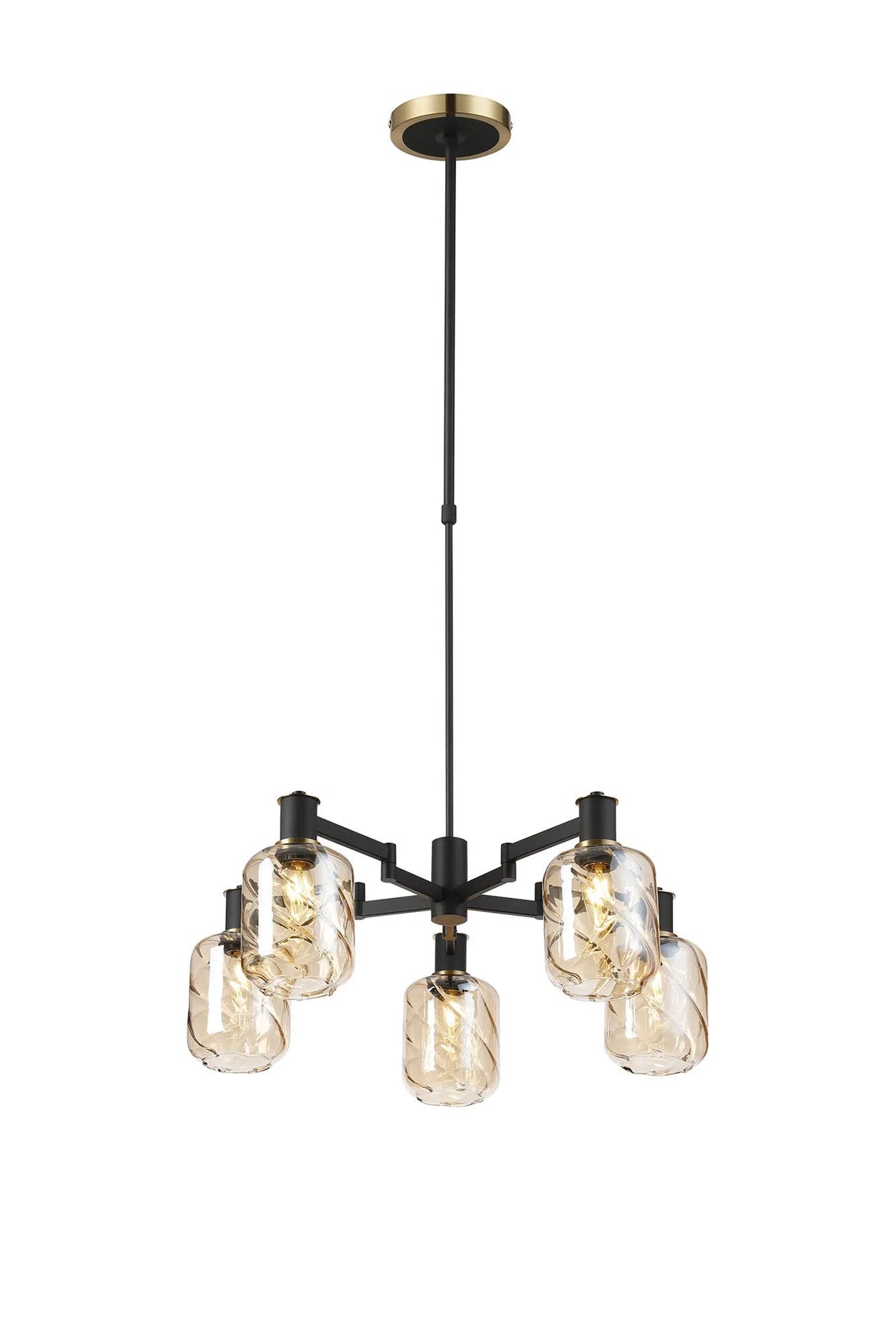 Adamson Swing Arm Telescopic Pendant 5 x E14 Brass/Satin Black/Amber Twisted Cylinder Glass